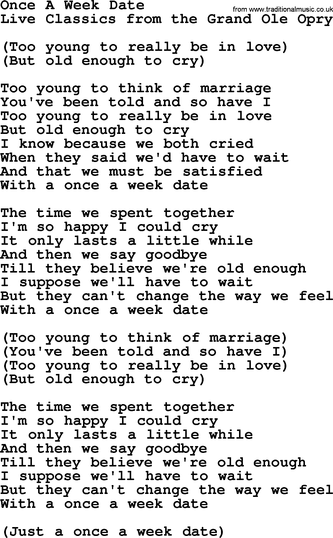 Marty Robbins song: Once A Week Date, lyrics