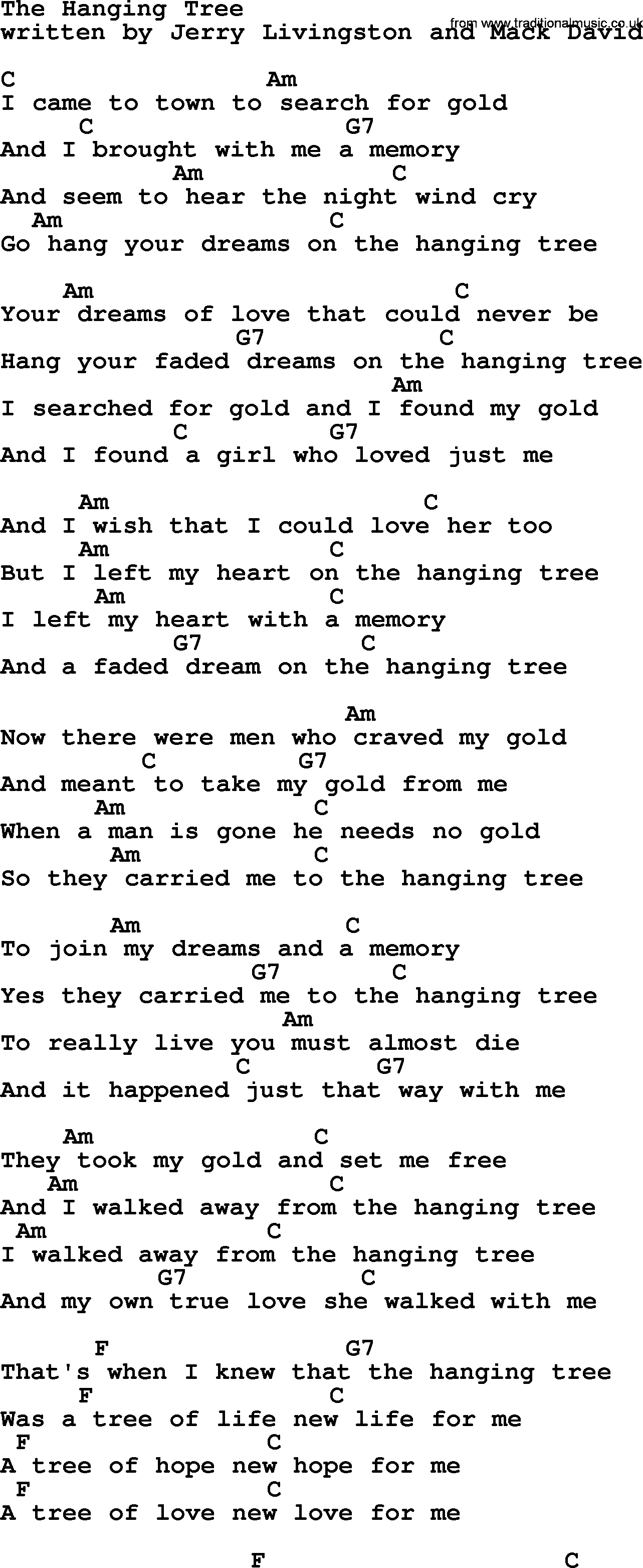 Marty Robbins song: The Hanging Tree, lyrics and chords