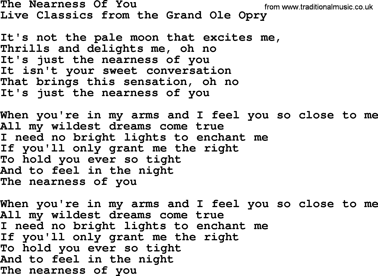 Marty Robbins song: The Nearness Of You, lyrics