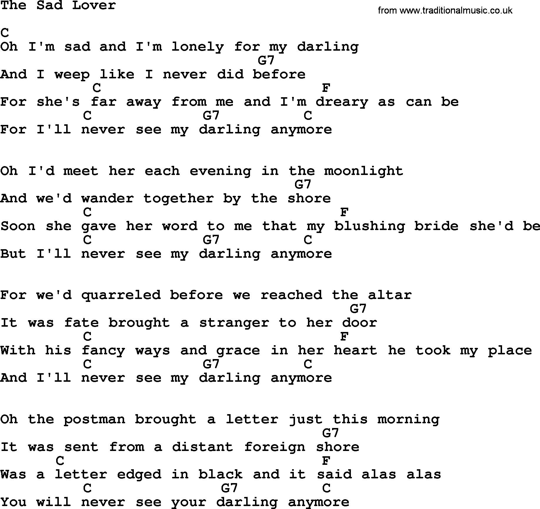 Marty Robbins song: The Sad Lover, lyrics and chords