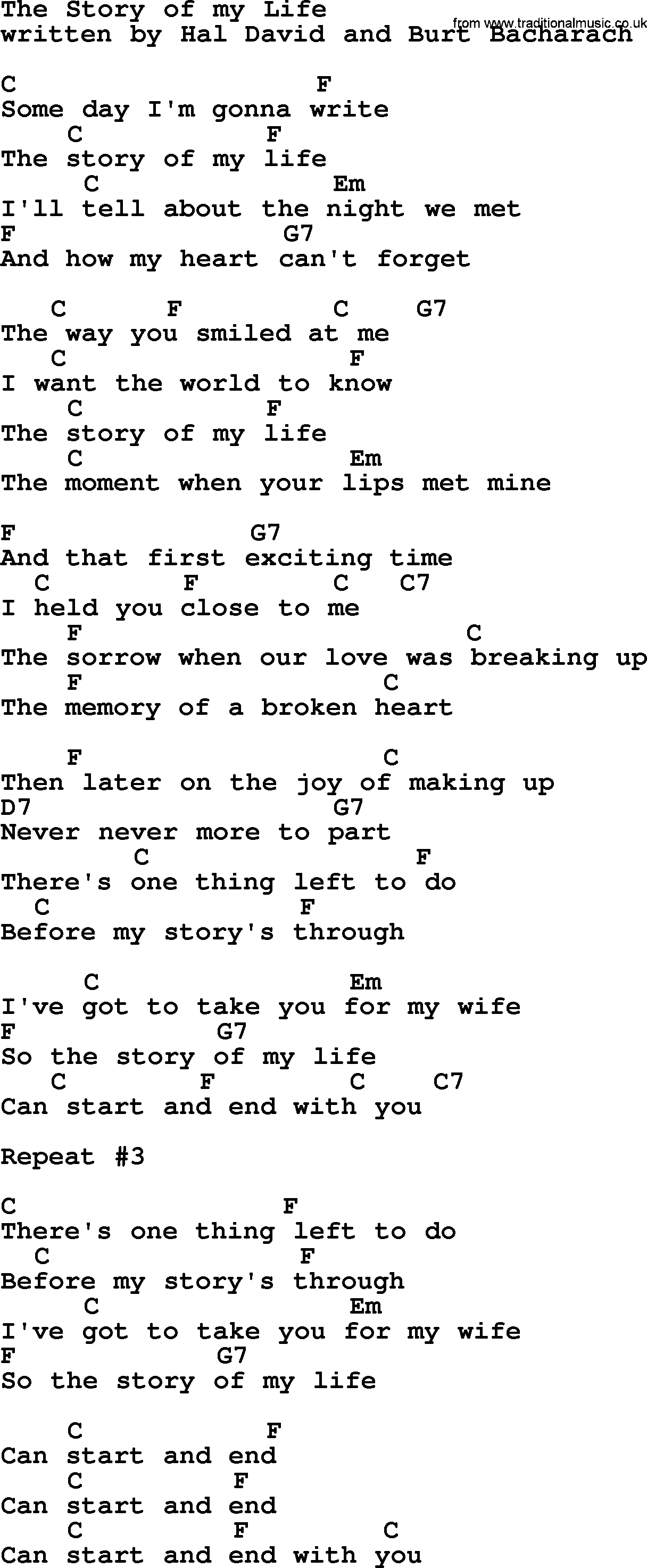 The Story of my Life, by Marty Robbins - lyrics and chords