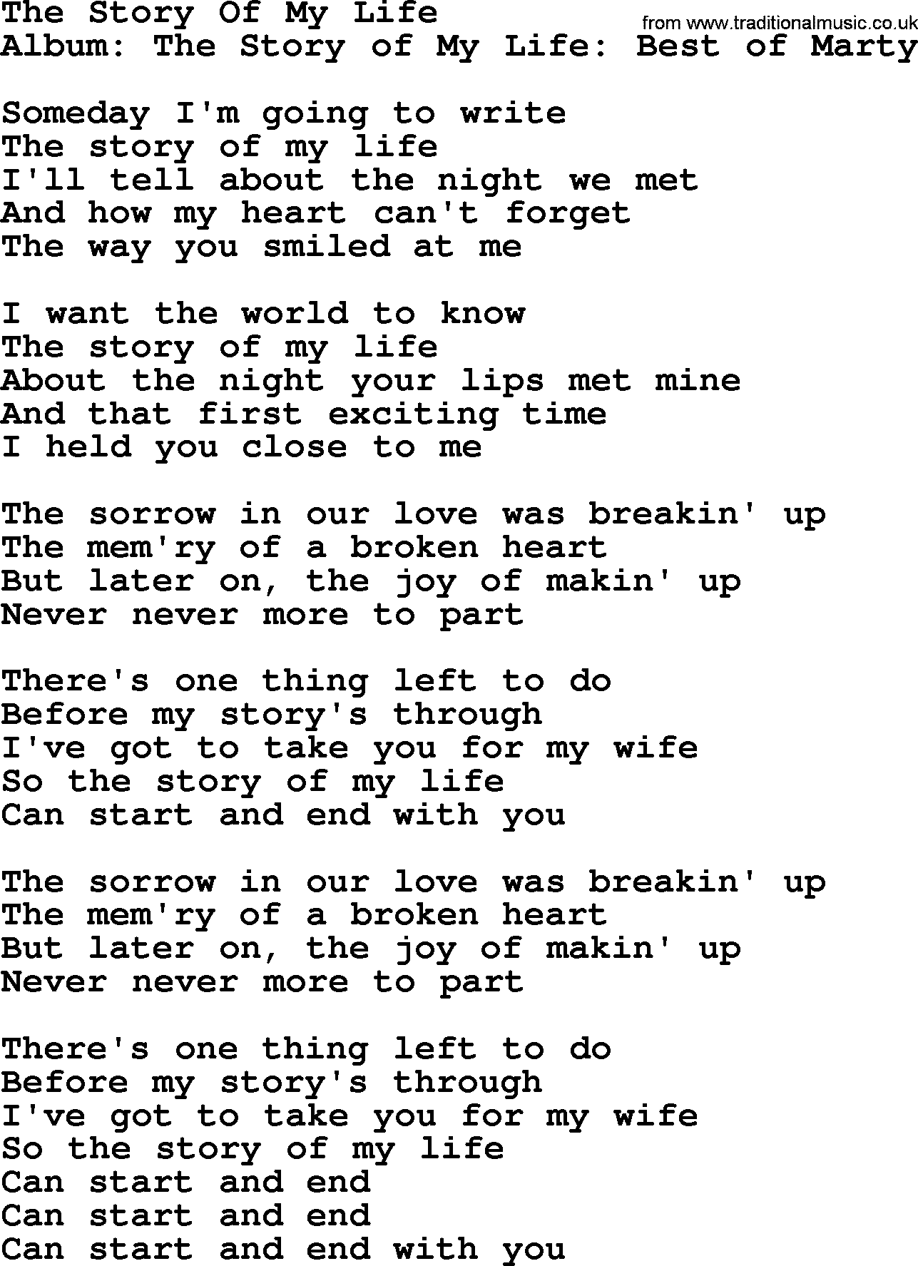 Marty Robbins song: The Story Of My Life, lyrics