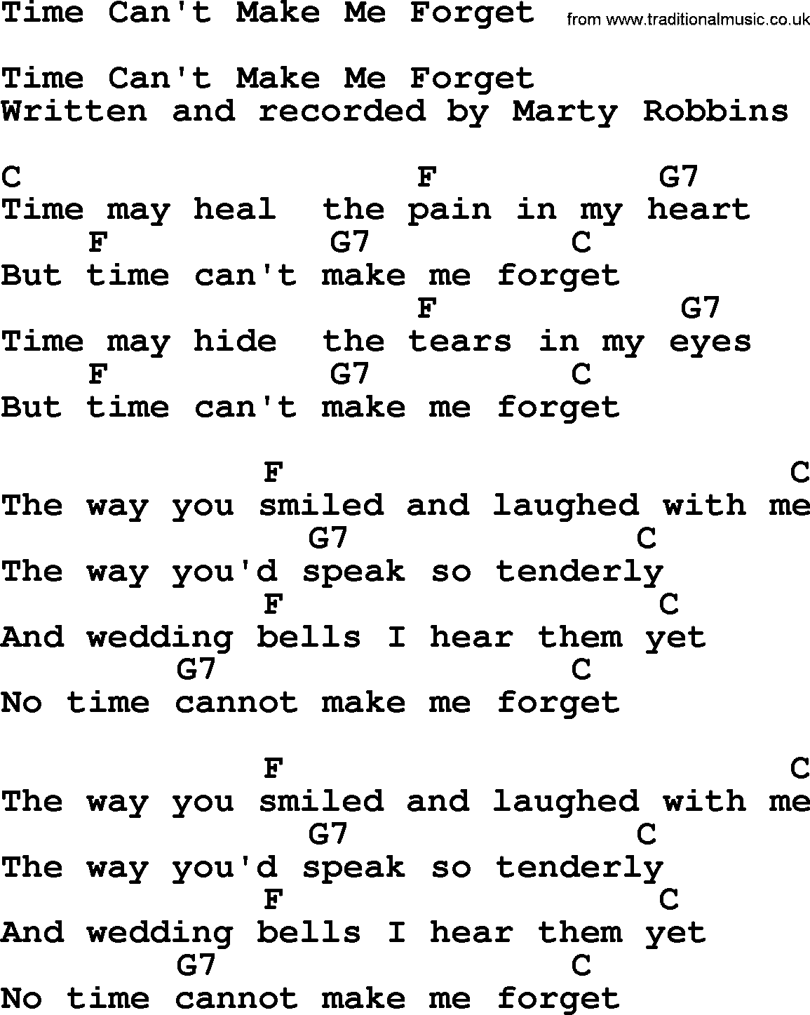 Marty Robbins song: Time Can't Make Me Forget, lyrics and chords