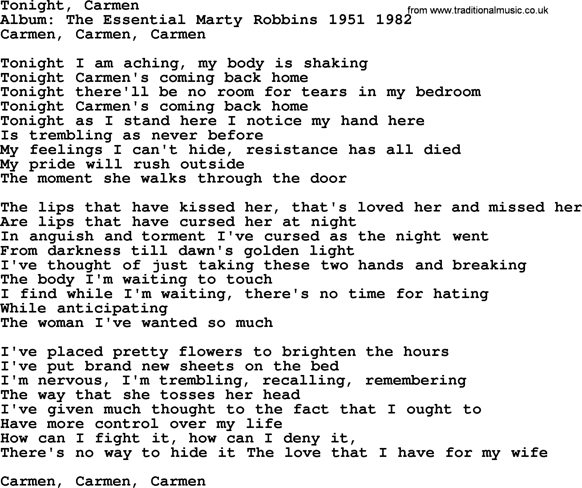 Marty Robbins song: Tonight Carmen, lyrics