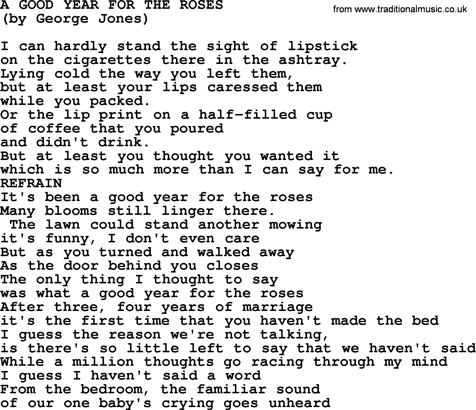 Merle Haggard song: A Good Year For The Roses, lyrics.