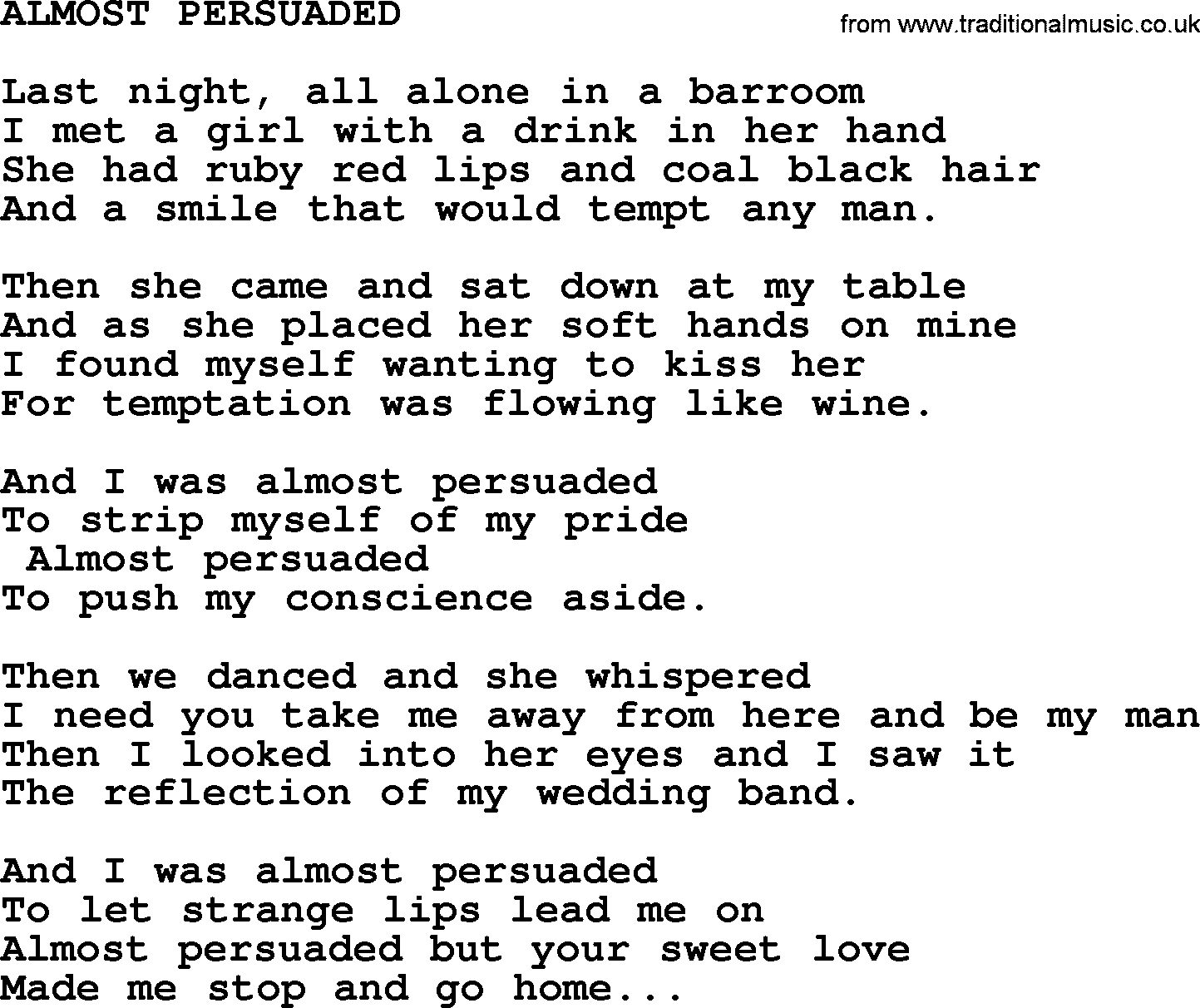 Merle Haggard song: Almost Persuaded, lyrics.