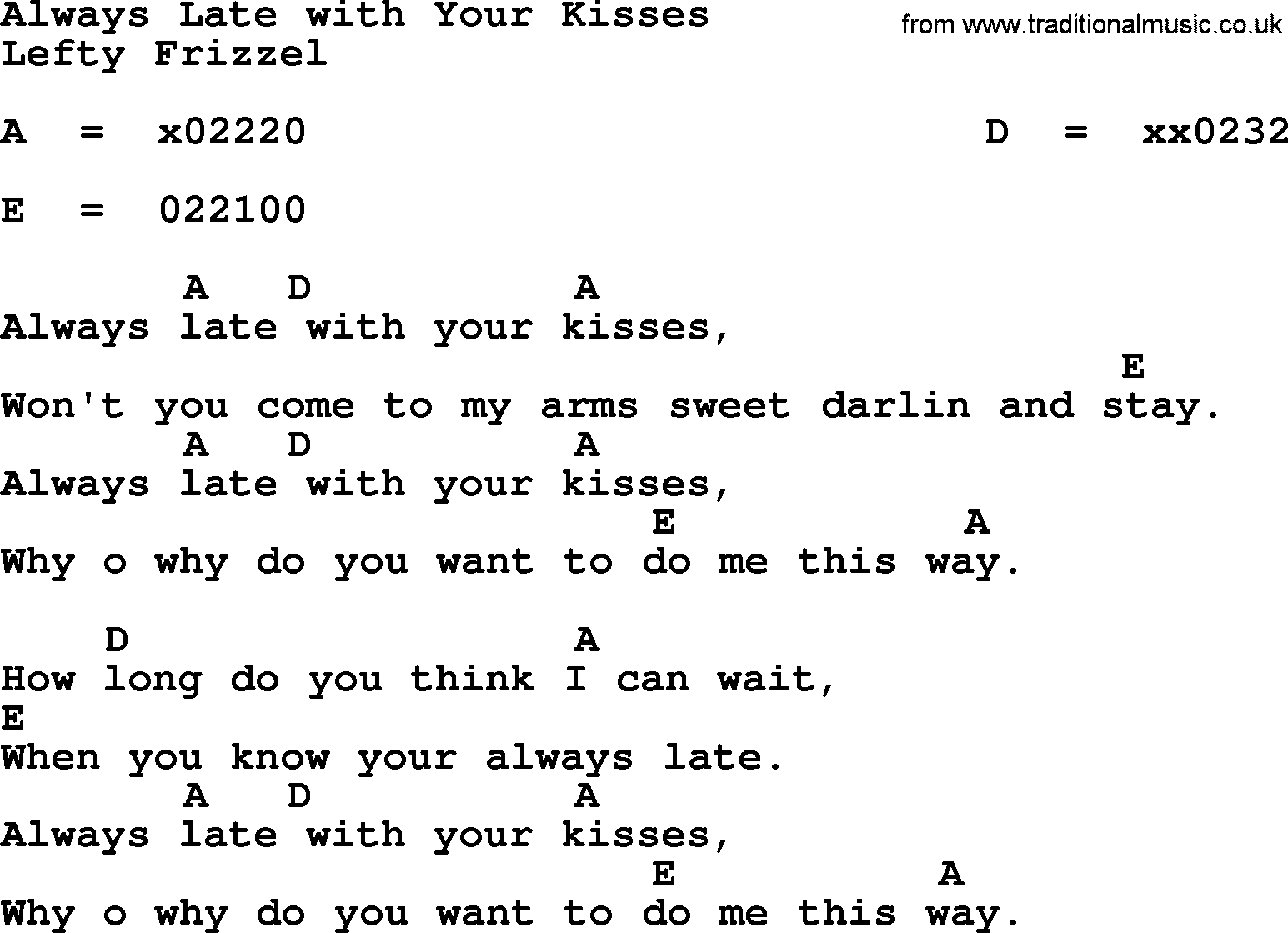 Merle Haggard song: Always Late with Your Kisses, lyrics and chords