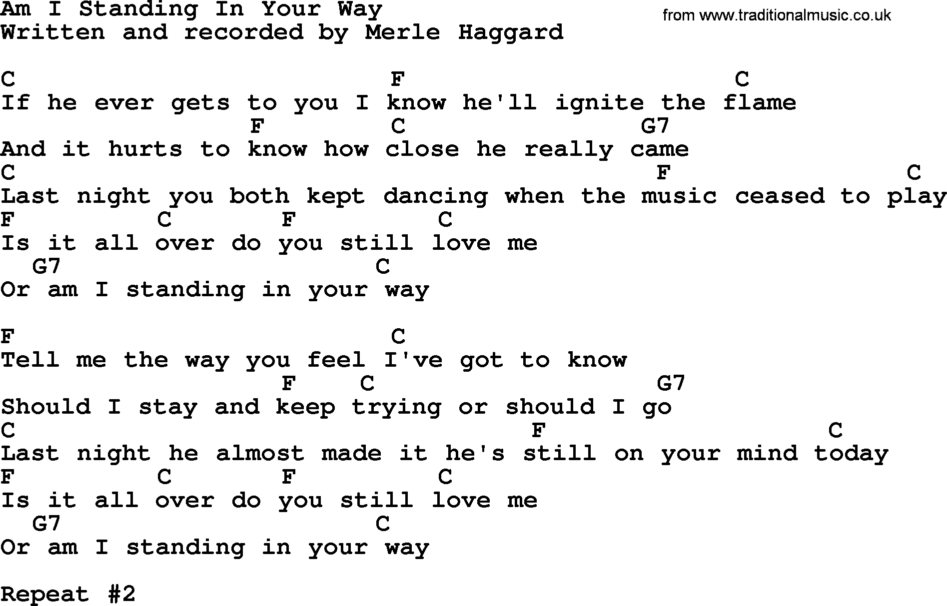 Merle Haggard song: Am I Standing In Your Way, lyrics and chords