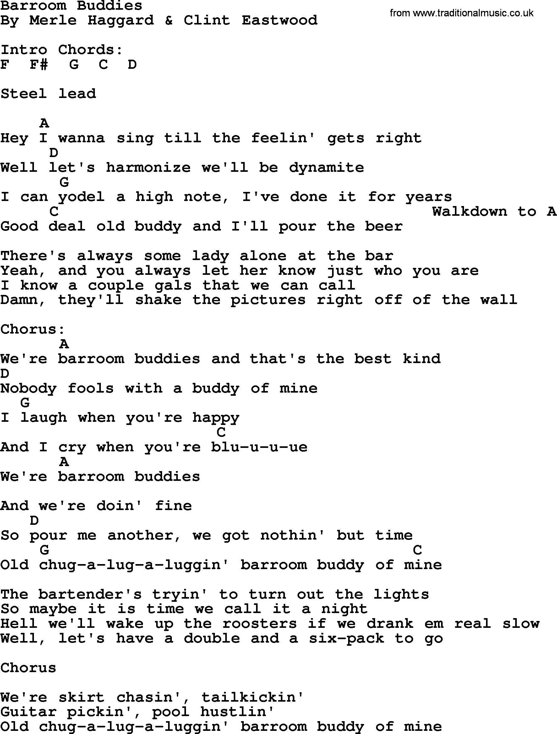 Merle Haggard song: Barroom Buddies, lyrics and chords
