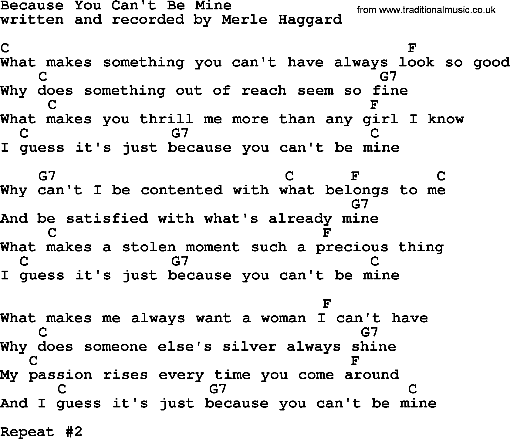 Merle Haggard song: Because You Can't Be Mine, lyrics and chords