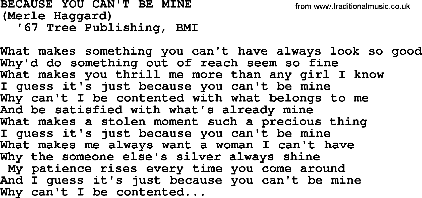 Merle Haggard song: Because You Can't Be Mine, lyrics.