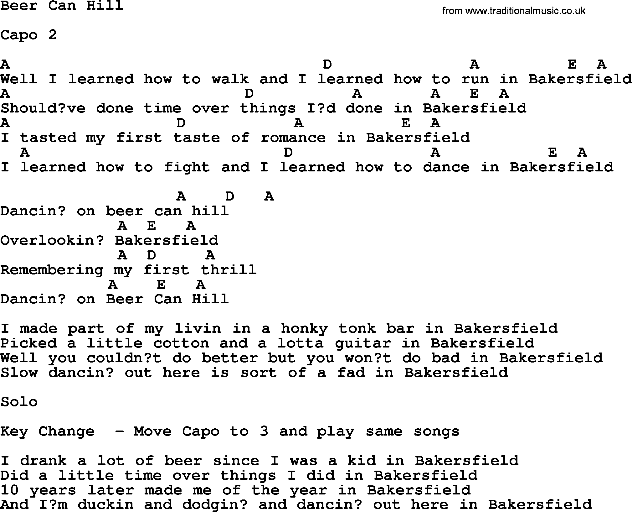 Merle Haggard song: Beer Can Hill, lyrics and chords