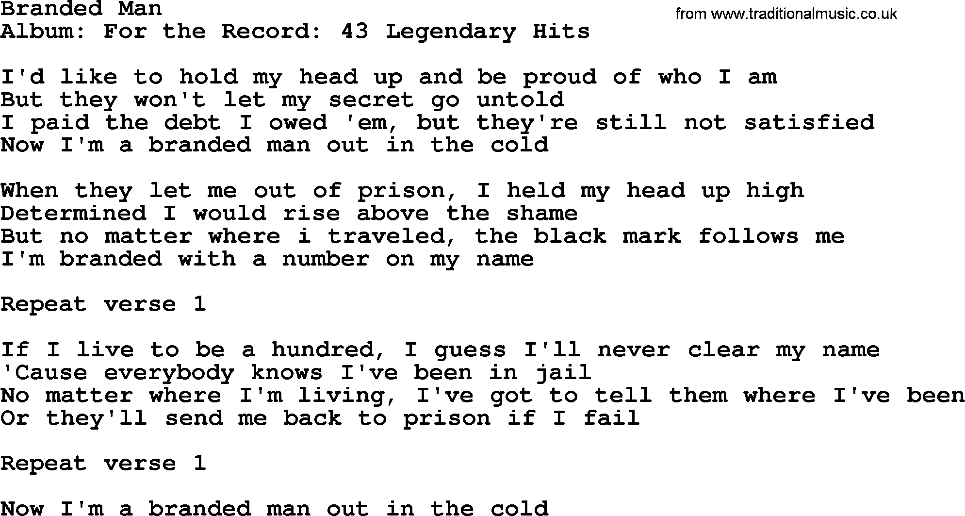 Merle Haggard song: Branded Man, lyrics.