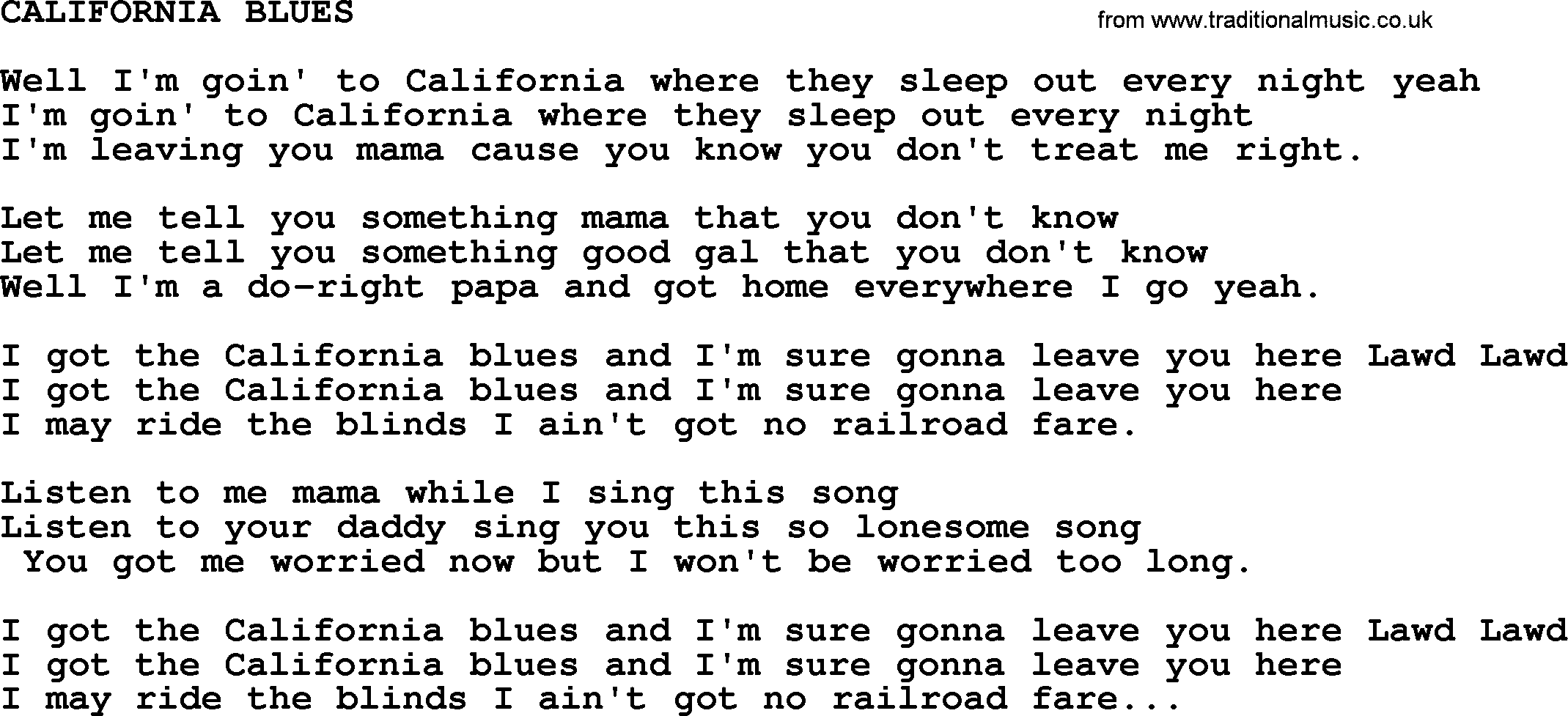 Merle Haggard song: California Blues, lyrics.