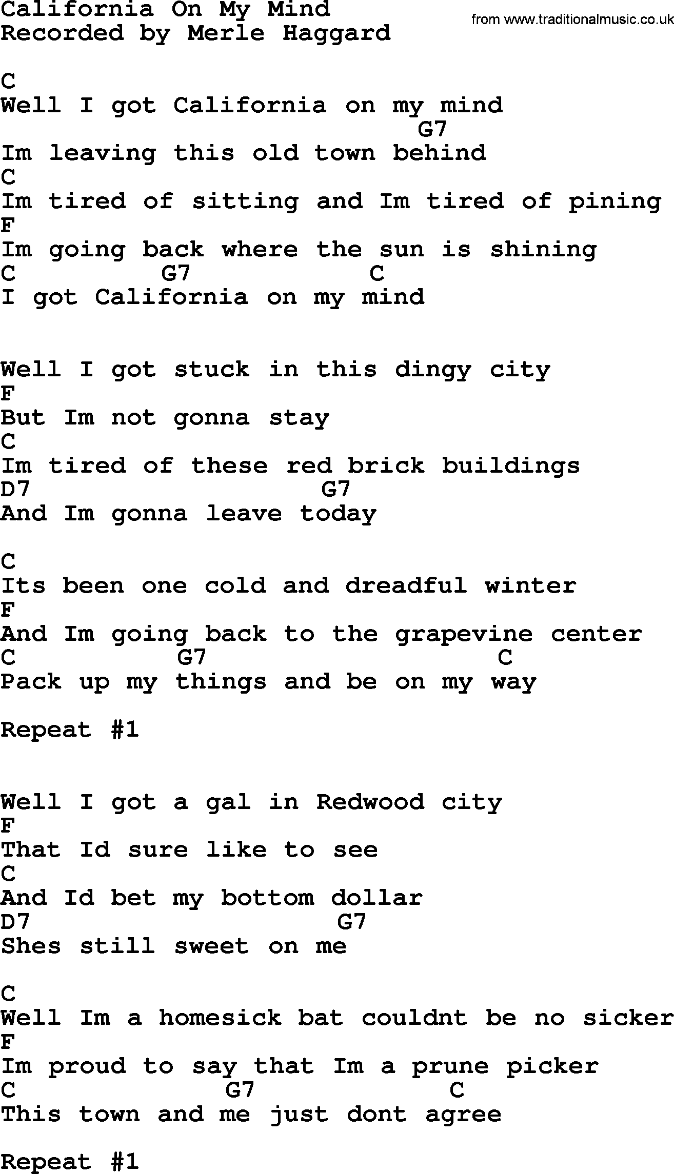 Merle Haggard song: California On My Mind, lyrics and chords
