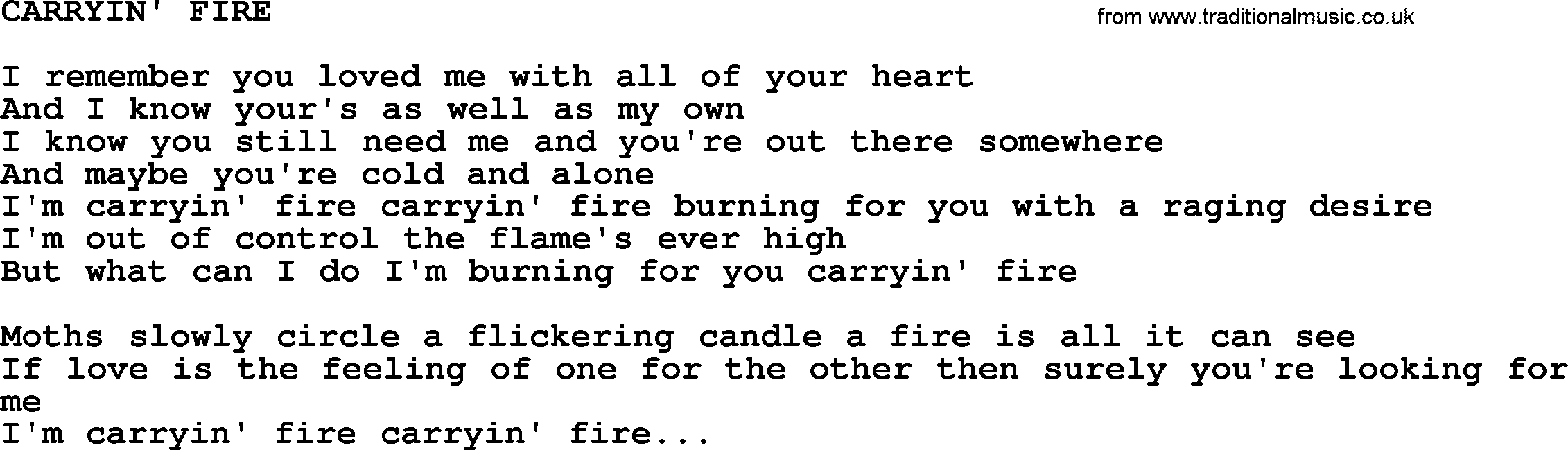 Merle Haggard song: Carryin' Fire, lyrics.