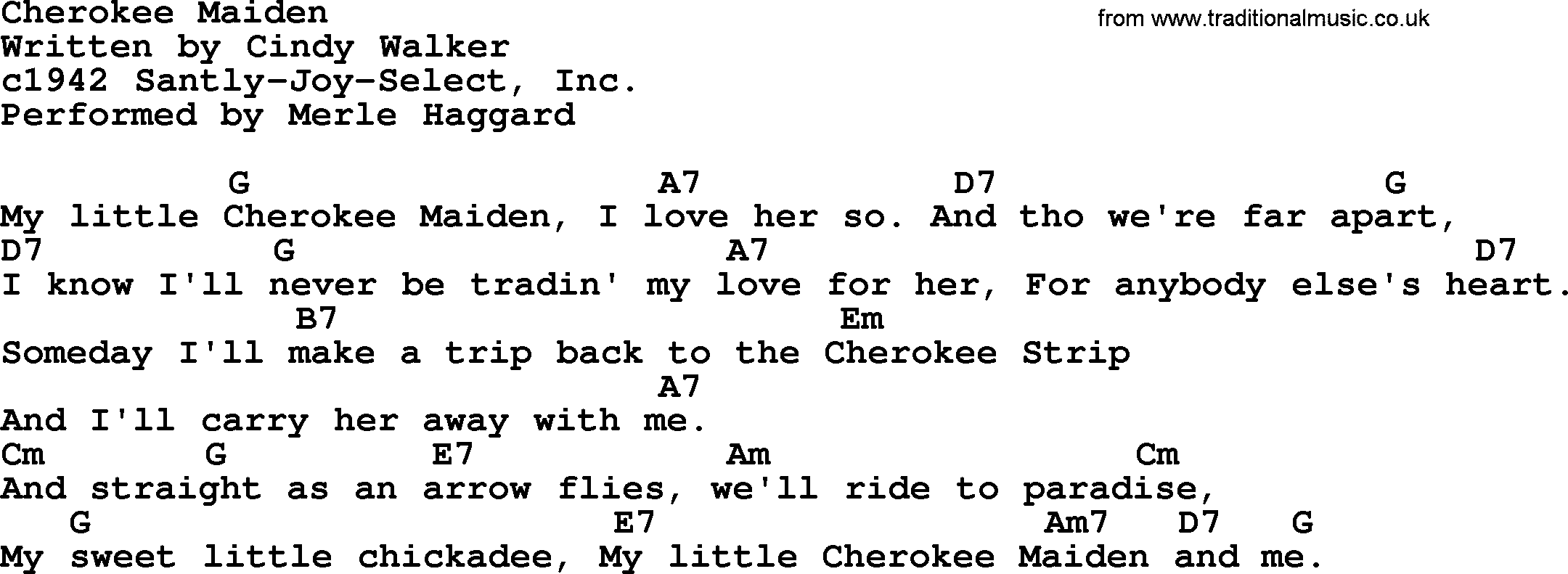 Merle Haggard song: Cherokee Maiden, lyrics and chords