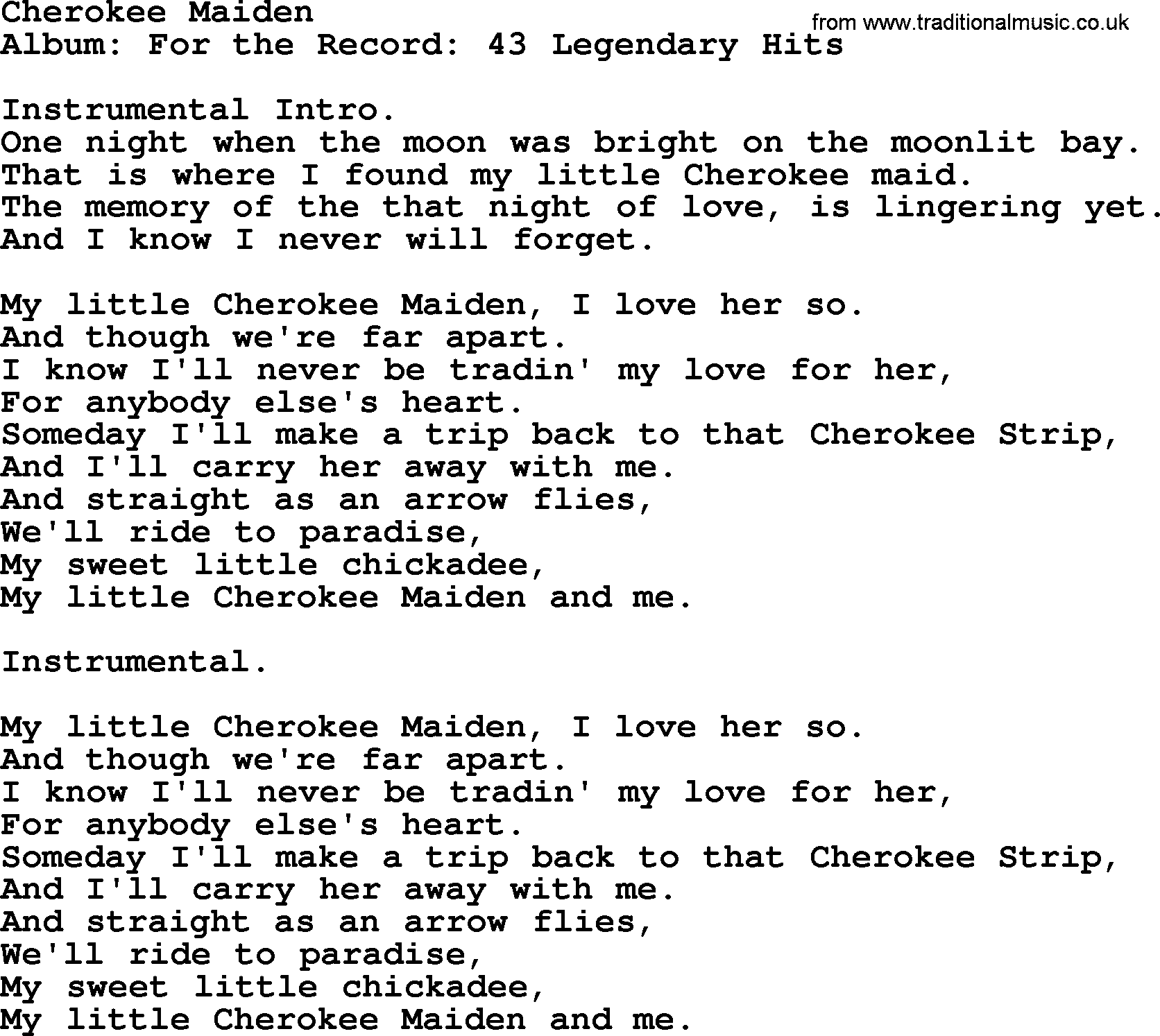 Merle Haggard song: Cherokee Maiden, lyrics.