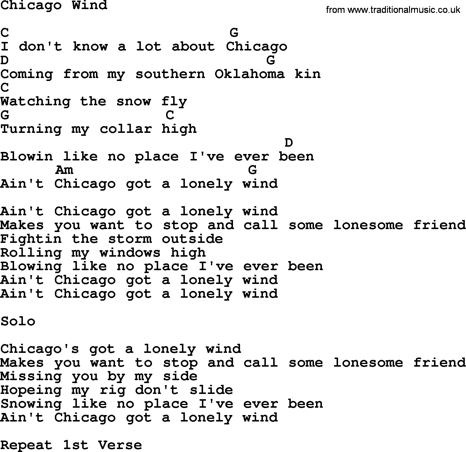 Merle Haggard song: Chicago Wind, lyrics and chords
