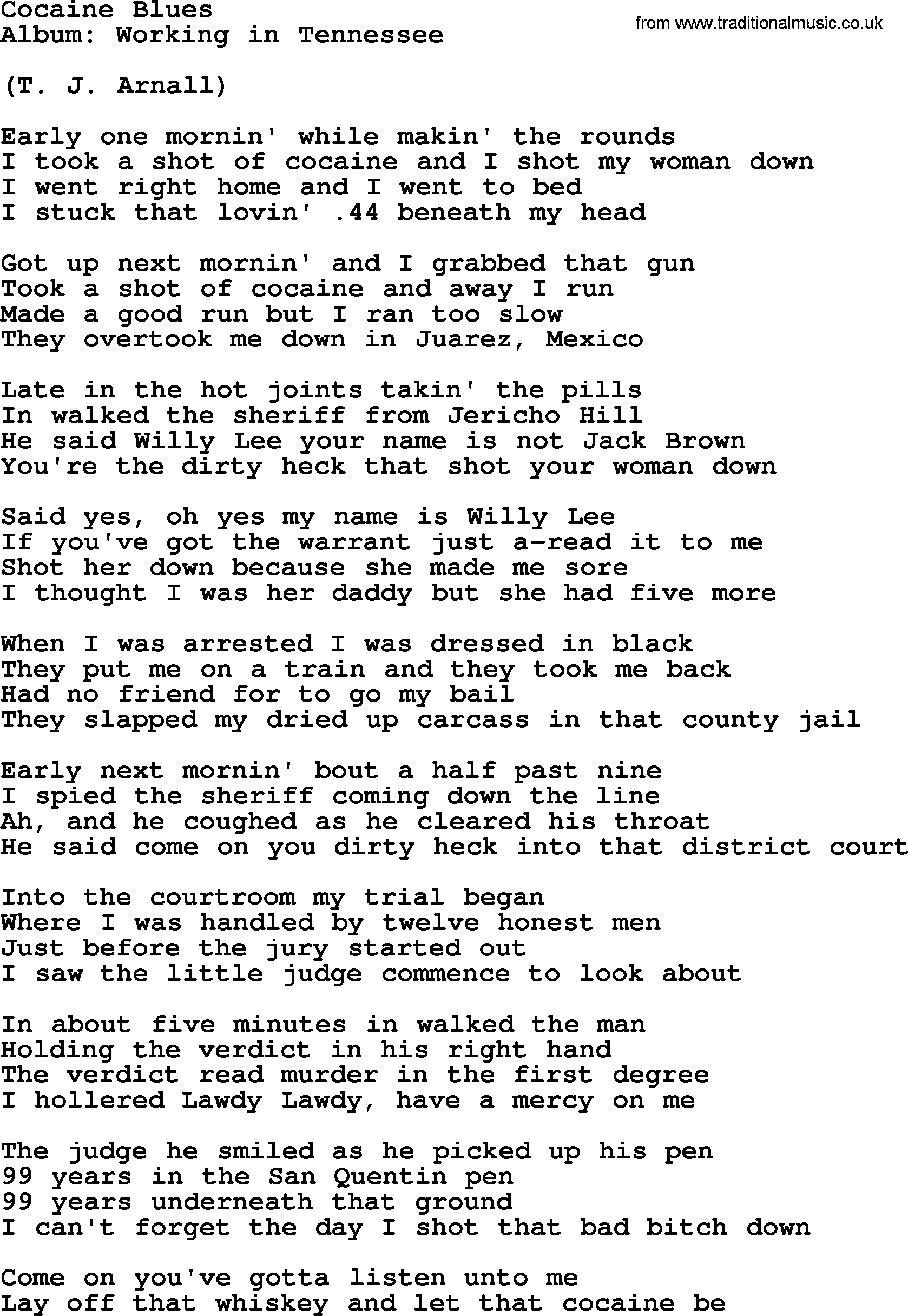 Merle Haggard song: Cocaine Blues, lyrics.