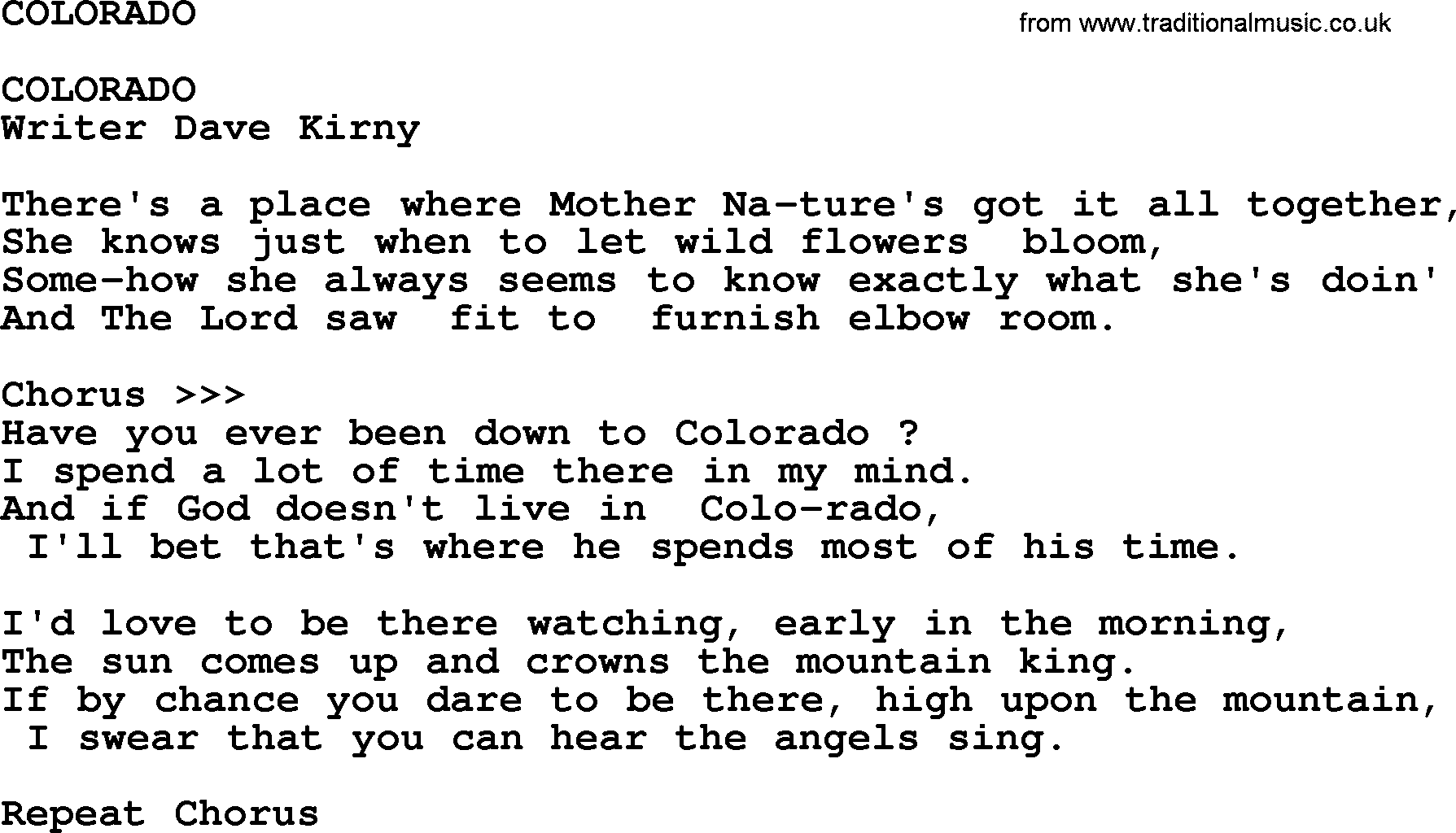 Merle Haggard song: Colorado, lyrics.