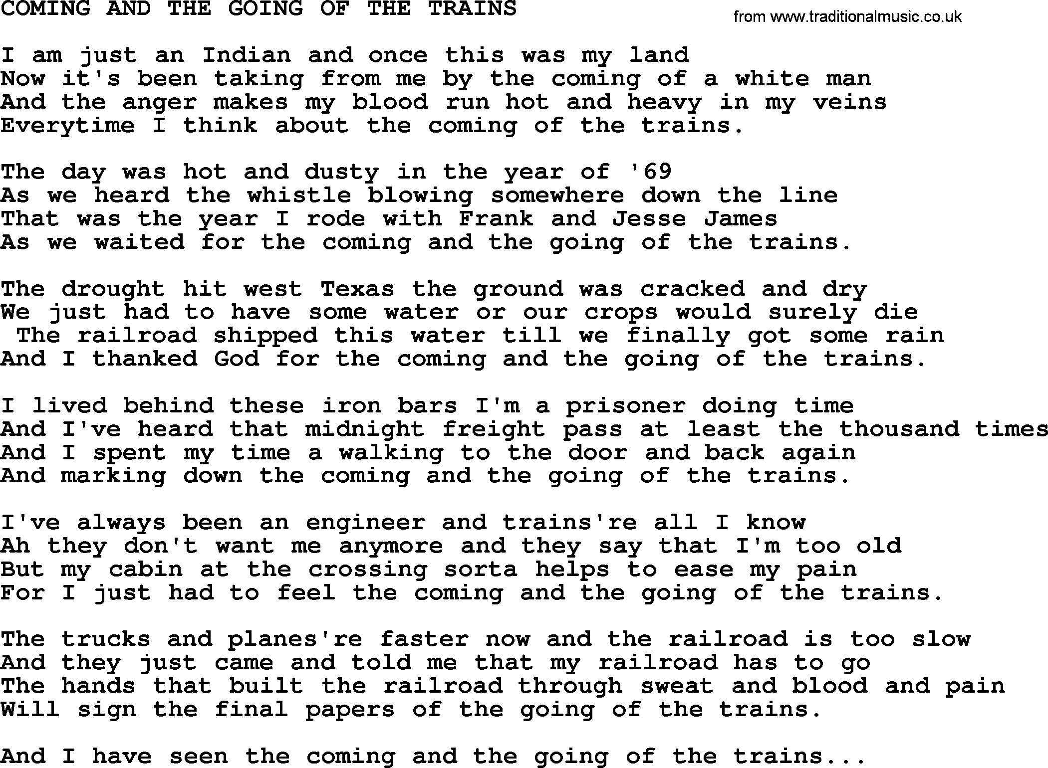 Merle Haggard song: Coming And The Going Of The Trains, lyrics.