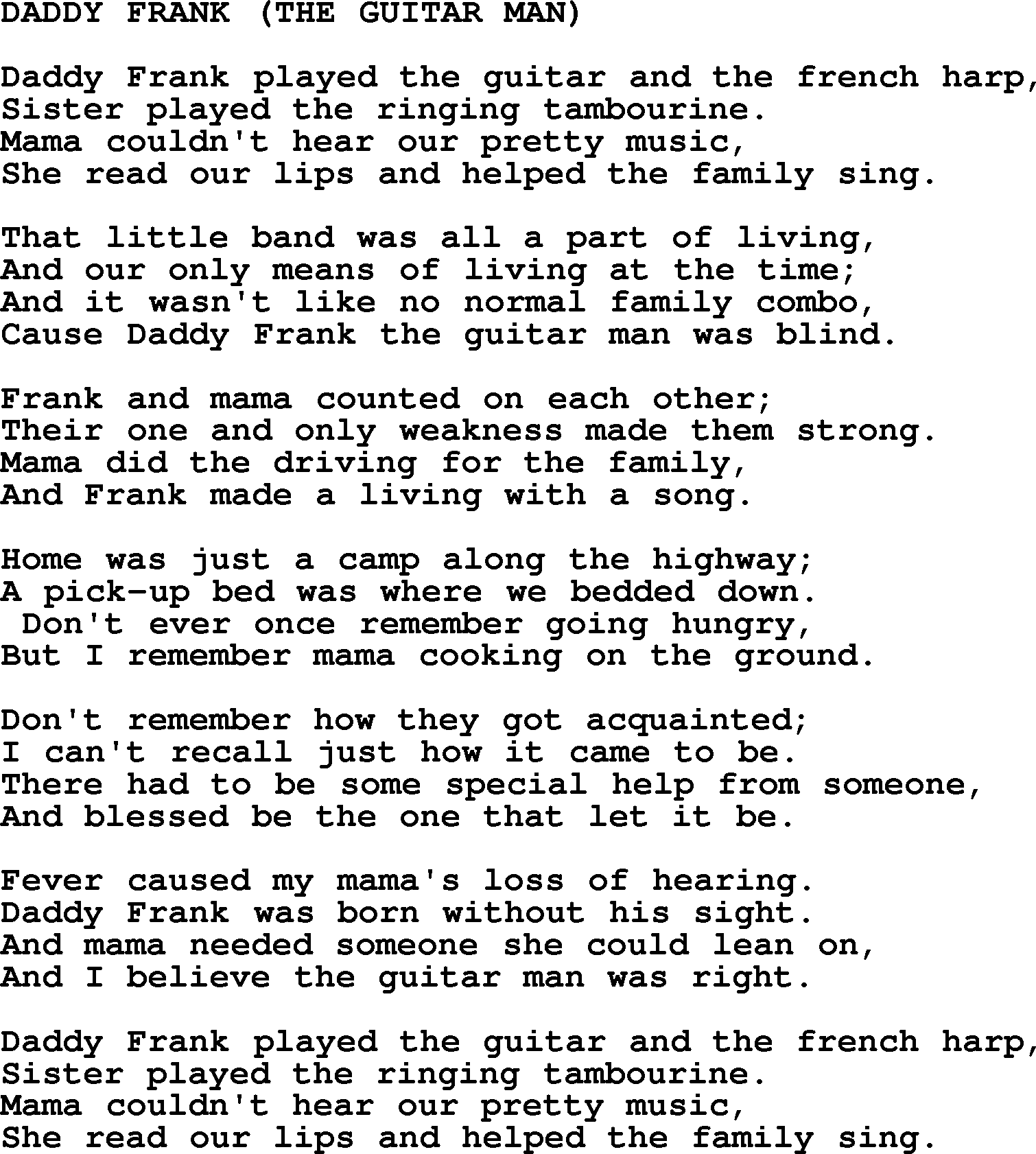 Merle Haggard song: Daddy Frank The Guitar Man, lyrics.