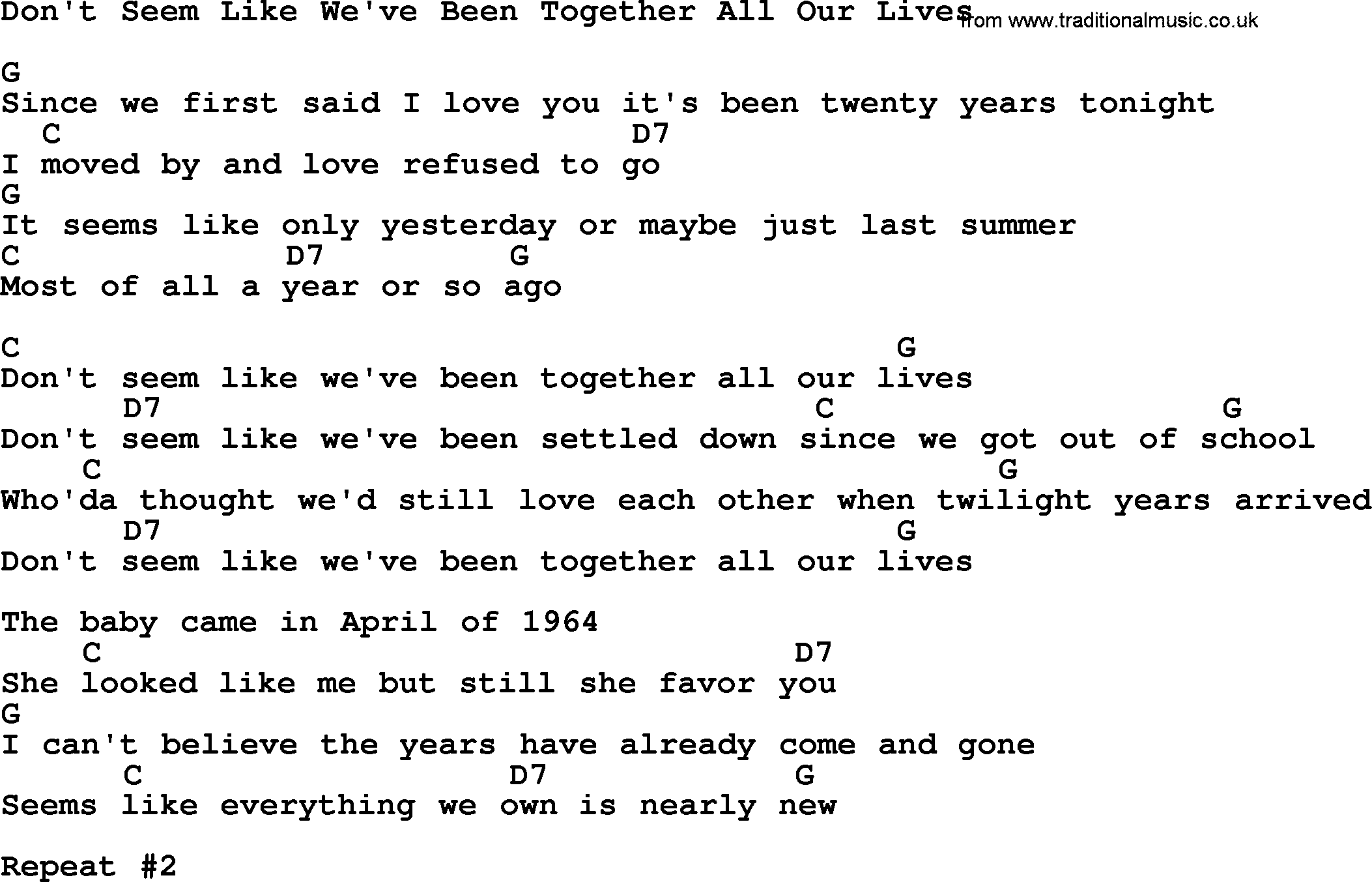 Merle Haggard song: Don't Seem Like We've Been Together All Our Lives, lyrics and chords