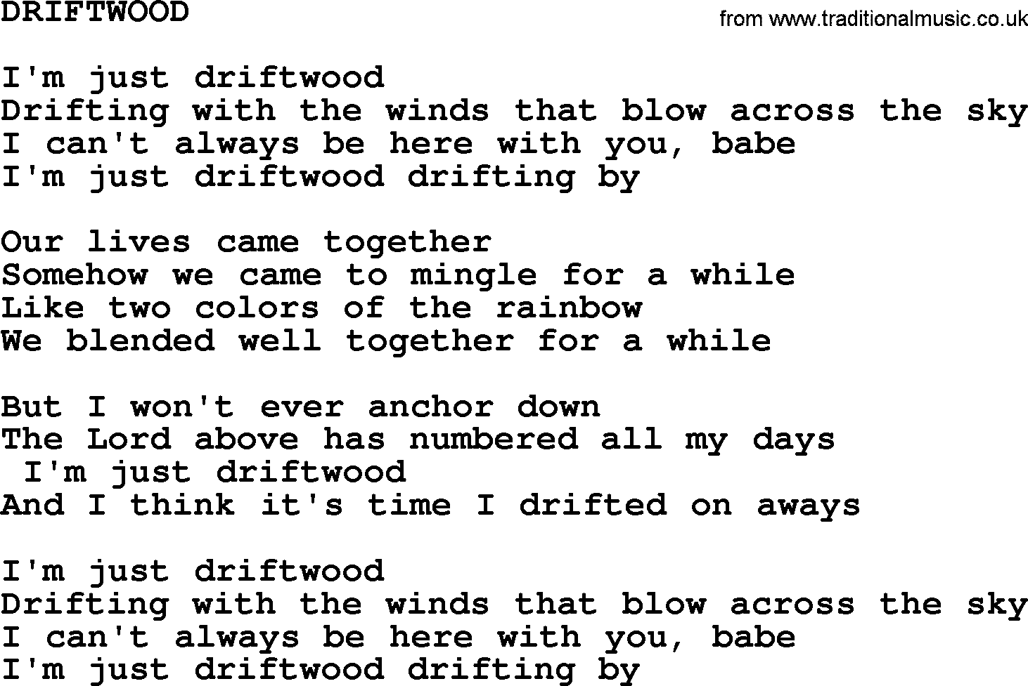 Merle Haggard song: Driftwood, lyrics.