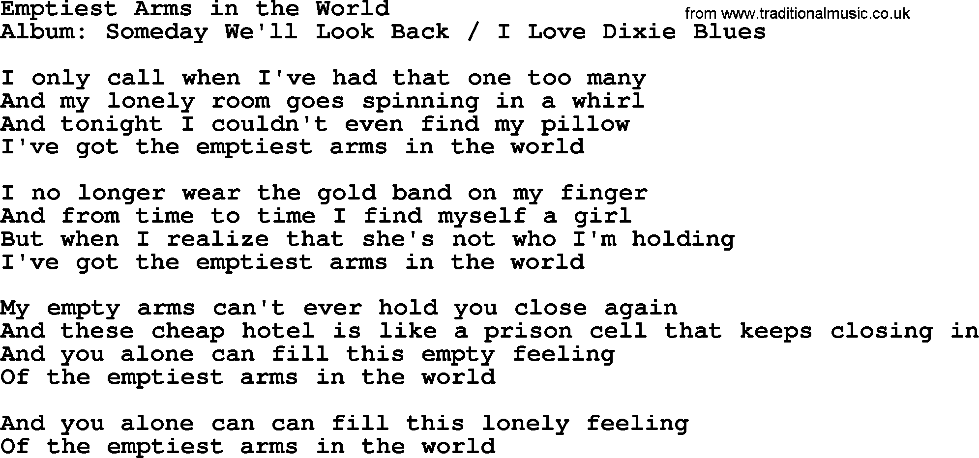 Merle Haggard song: Emptiest Arms In The World, lyrics.