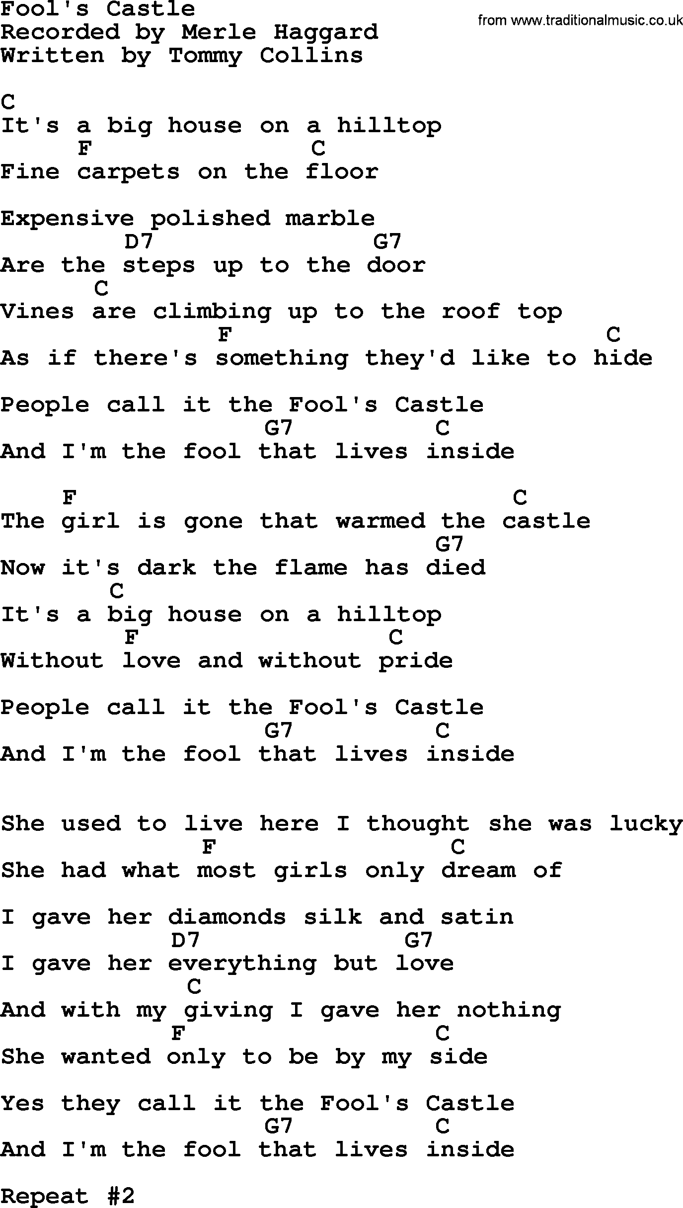 Merle Haggard song: Fool's Castle, lyrics and chords