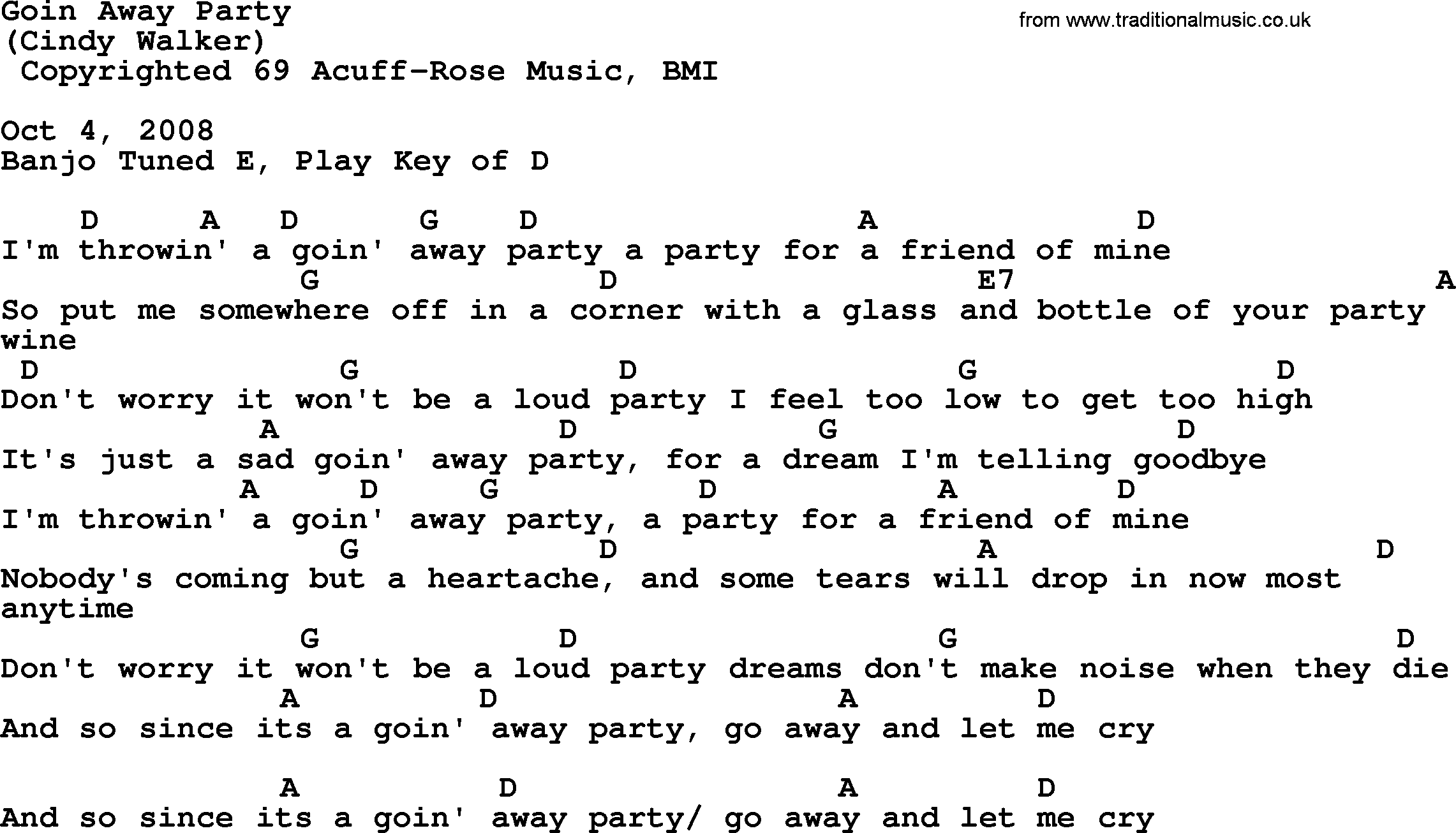 Merle Haggard song: Goin Away Party, lyrics and chords