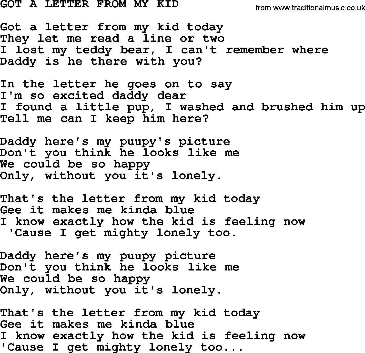Merle Haggard song: Got A Letter From My Kid, lyrics.