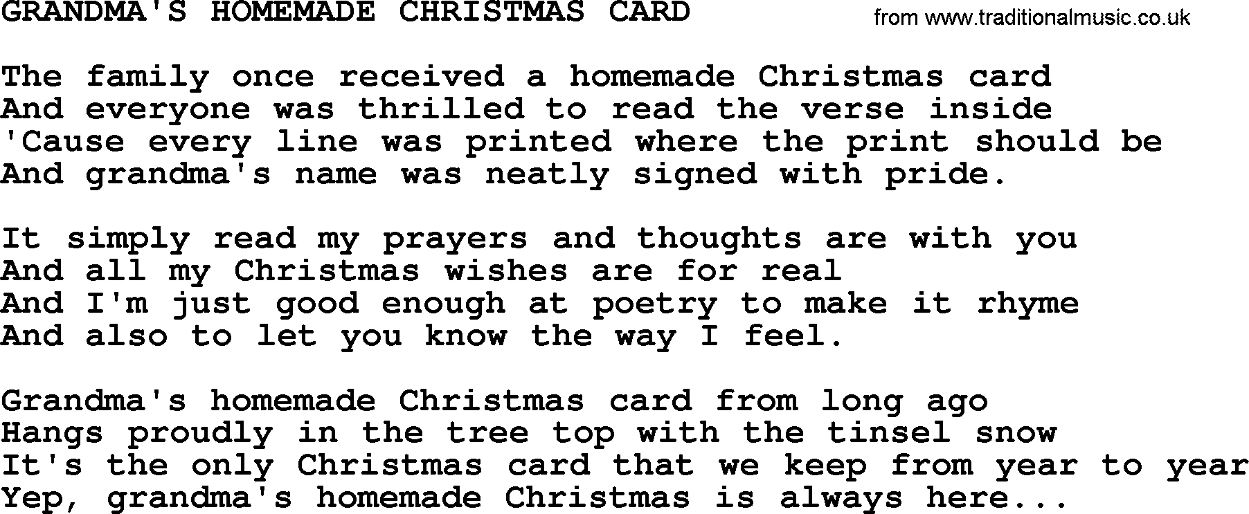 Merle Haggard song: Grandma's Homemade Christmas Card, lyrics.