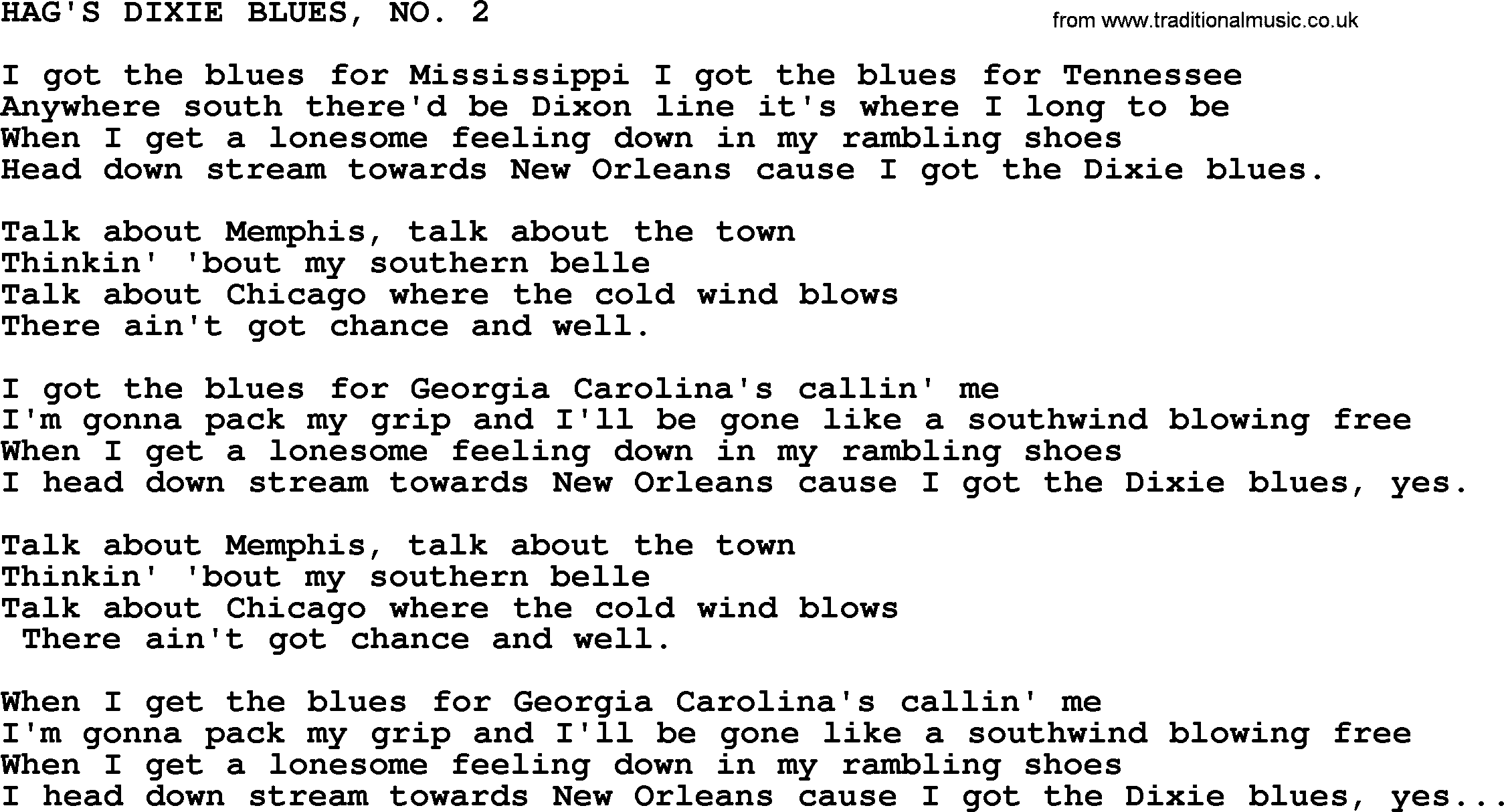 Merle Haggard song: Hag's Dixie Blues, No 2, lyrics.