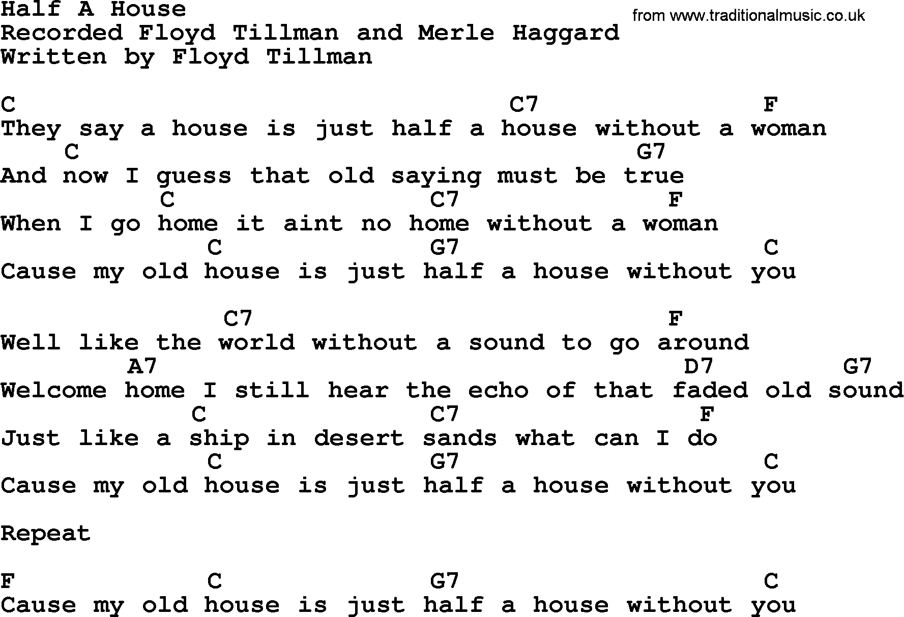 Merle Haggard song: Half A House, lyrics and chords