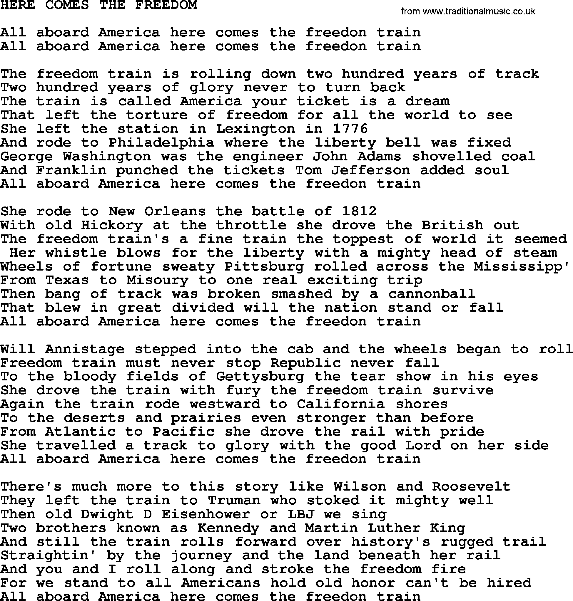 Merle Haggard song: Here Comes The Freedom, lyrics.