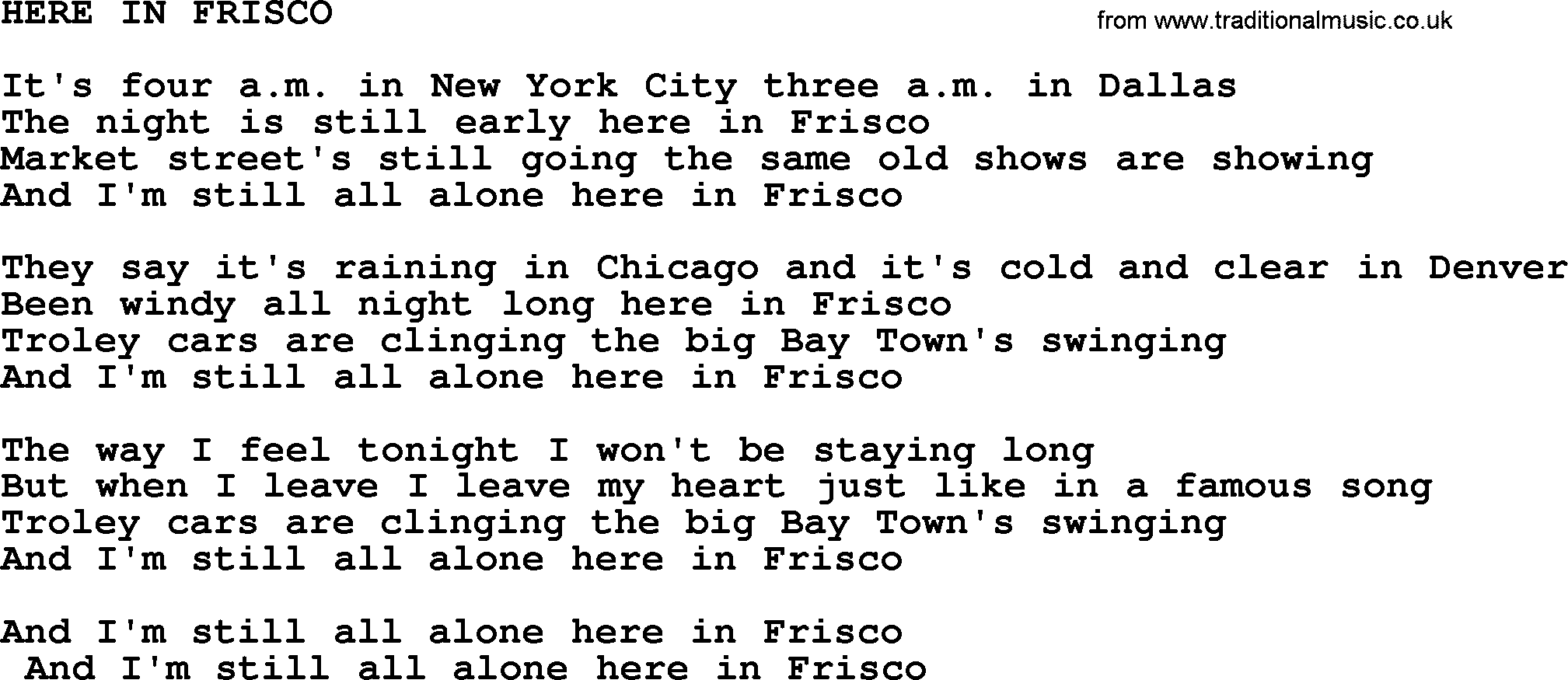 Merle Haggard song: Here In Frisco, lyrics.