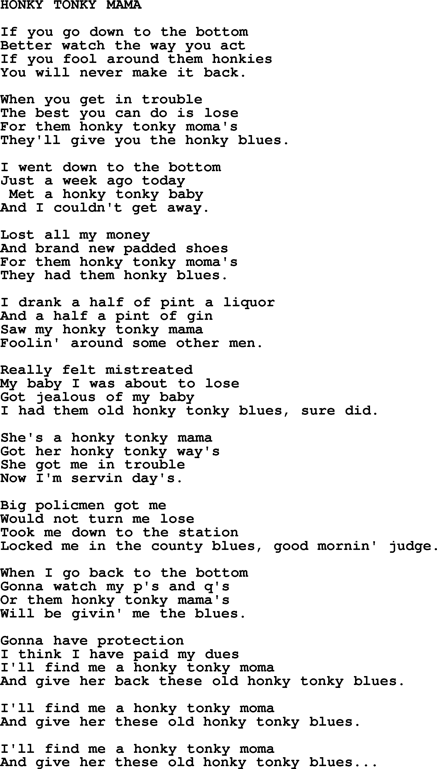 Merle Haggard song: Honky Tonky Mama, lyrics.