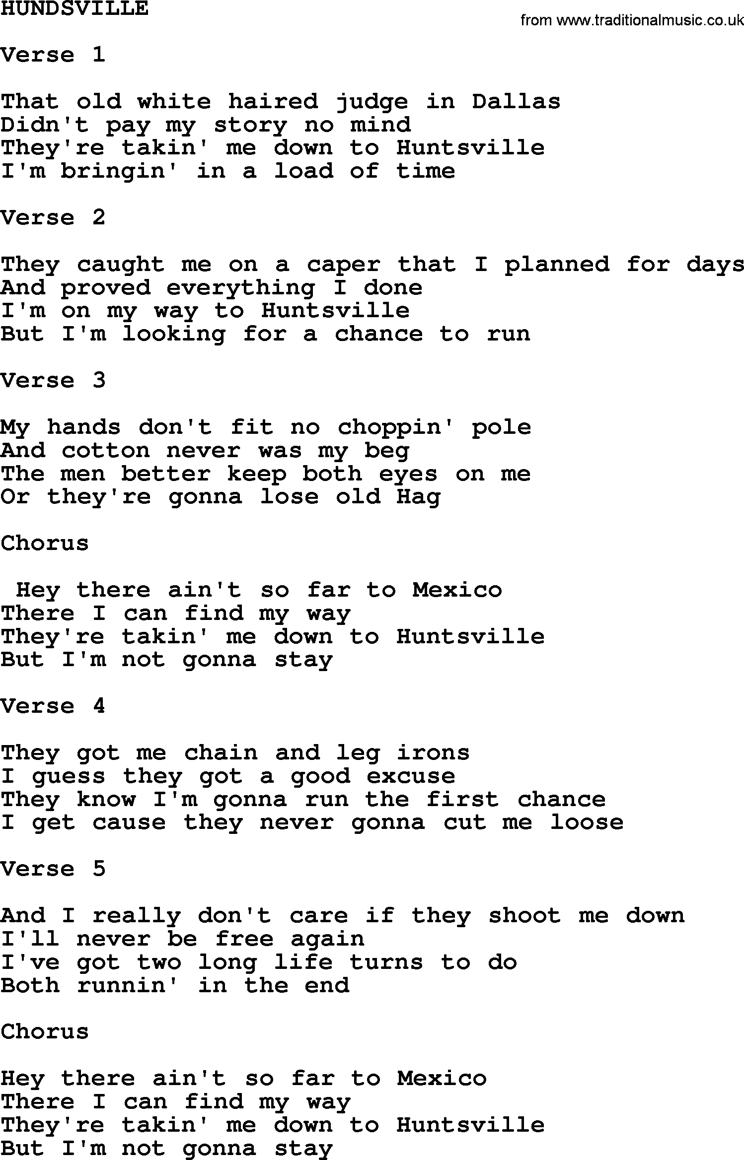 Merle Haggard song: Hundsville, lyrics.