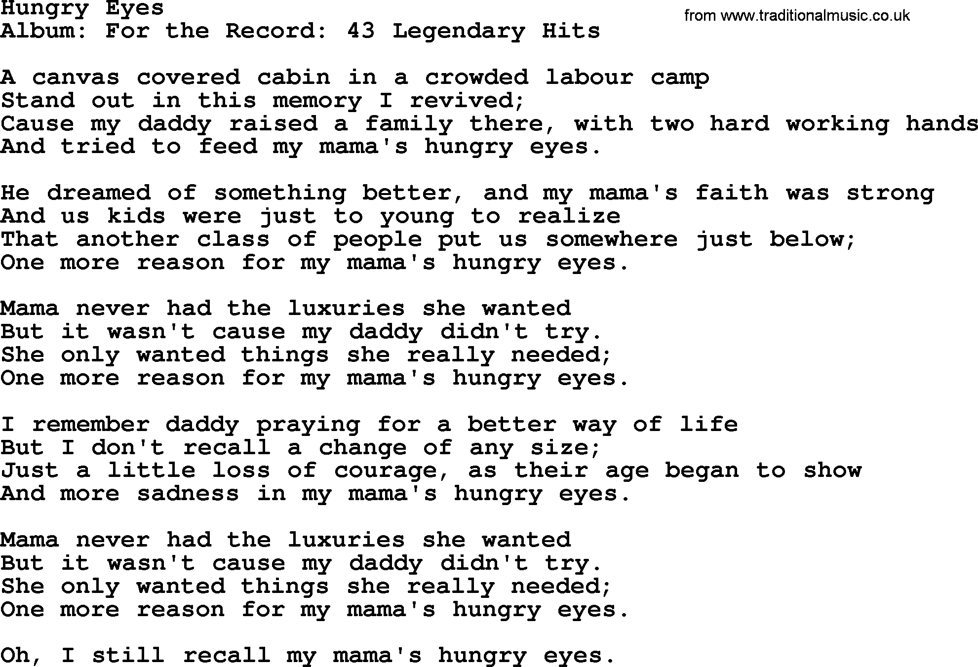 Merle Haggard song: Hungry Eyes, lyrics.
