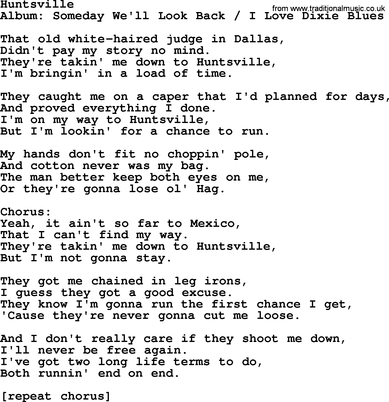 Merle Haggard song: Huntsville, lyrics.