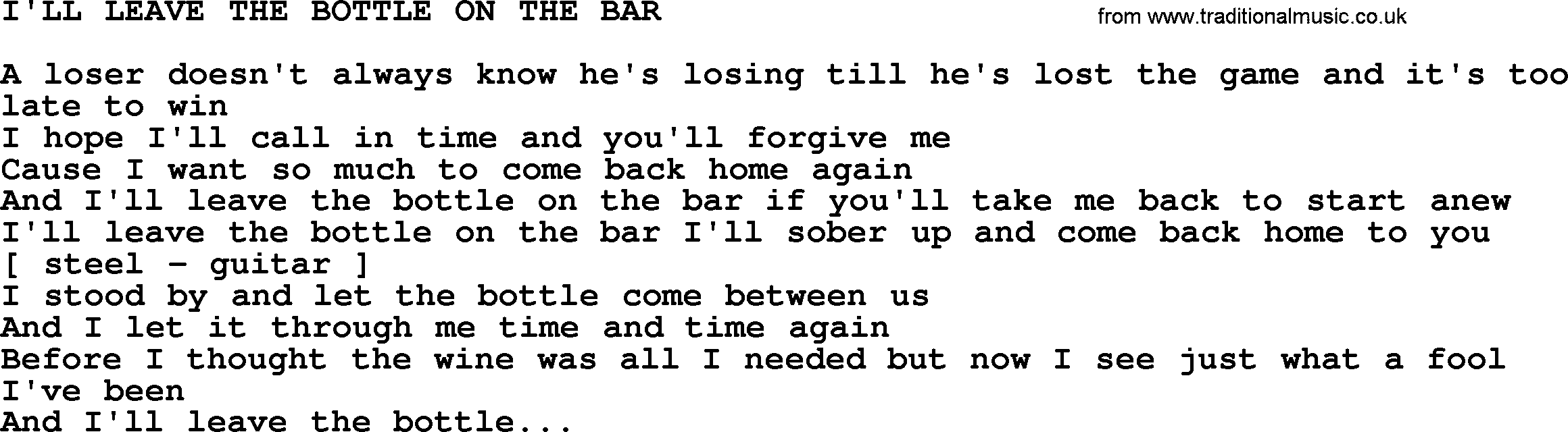 Merle Haggard song: I'll Leave The Bottle On The Bar, lyrics.