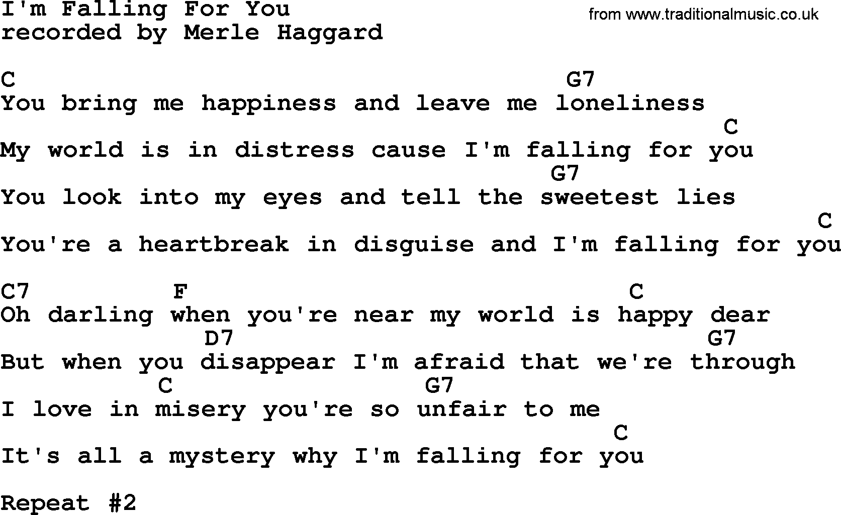 Merle Haggard song: I'm Falling For You, lyrics and chords