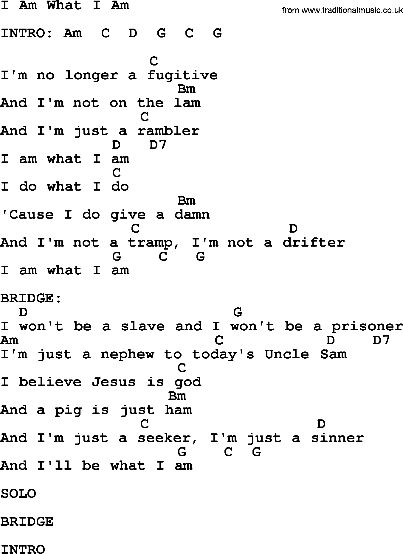 Merle Haggard song: I Am What I Am, lyrics and chords