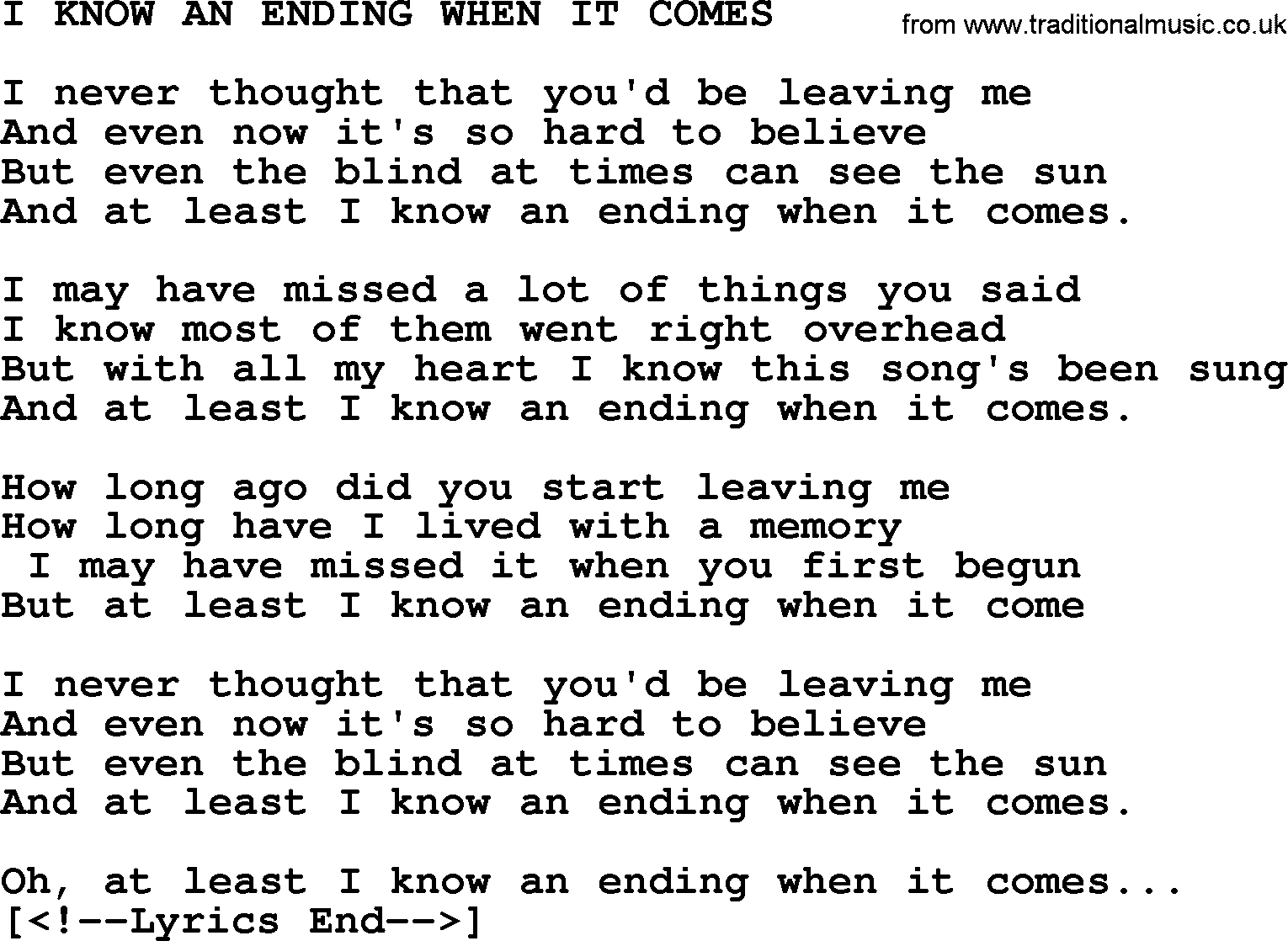Merle Haggard song: I Know An Ending When It Comes, lyrics.