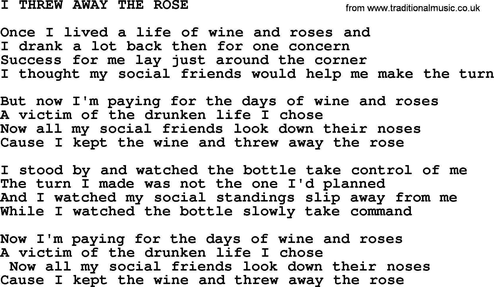 Merle Haggard song: I Threw Away The Rose, lyrics.