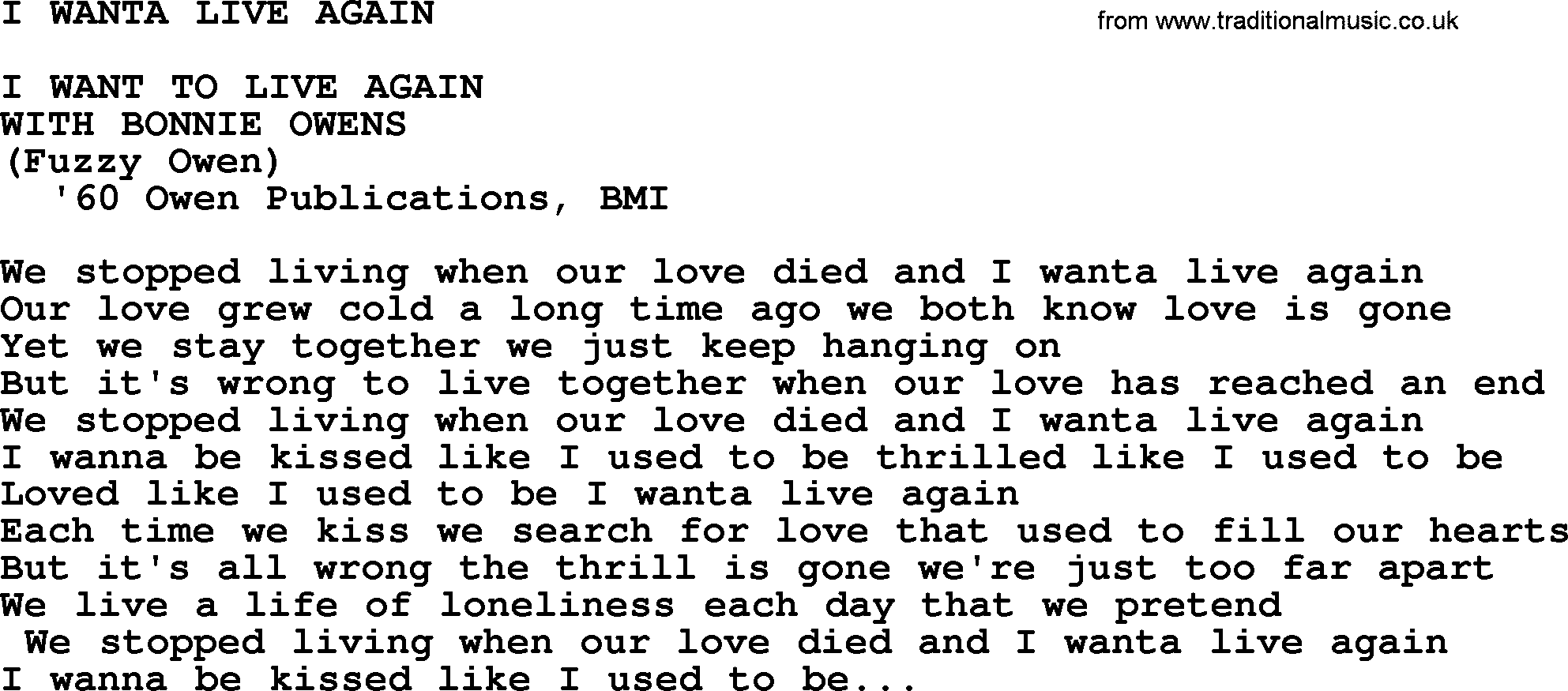 Merle Haggard song: I Wanta Live Again, lyrics.