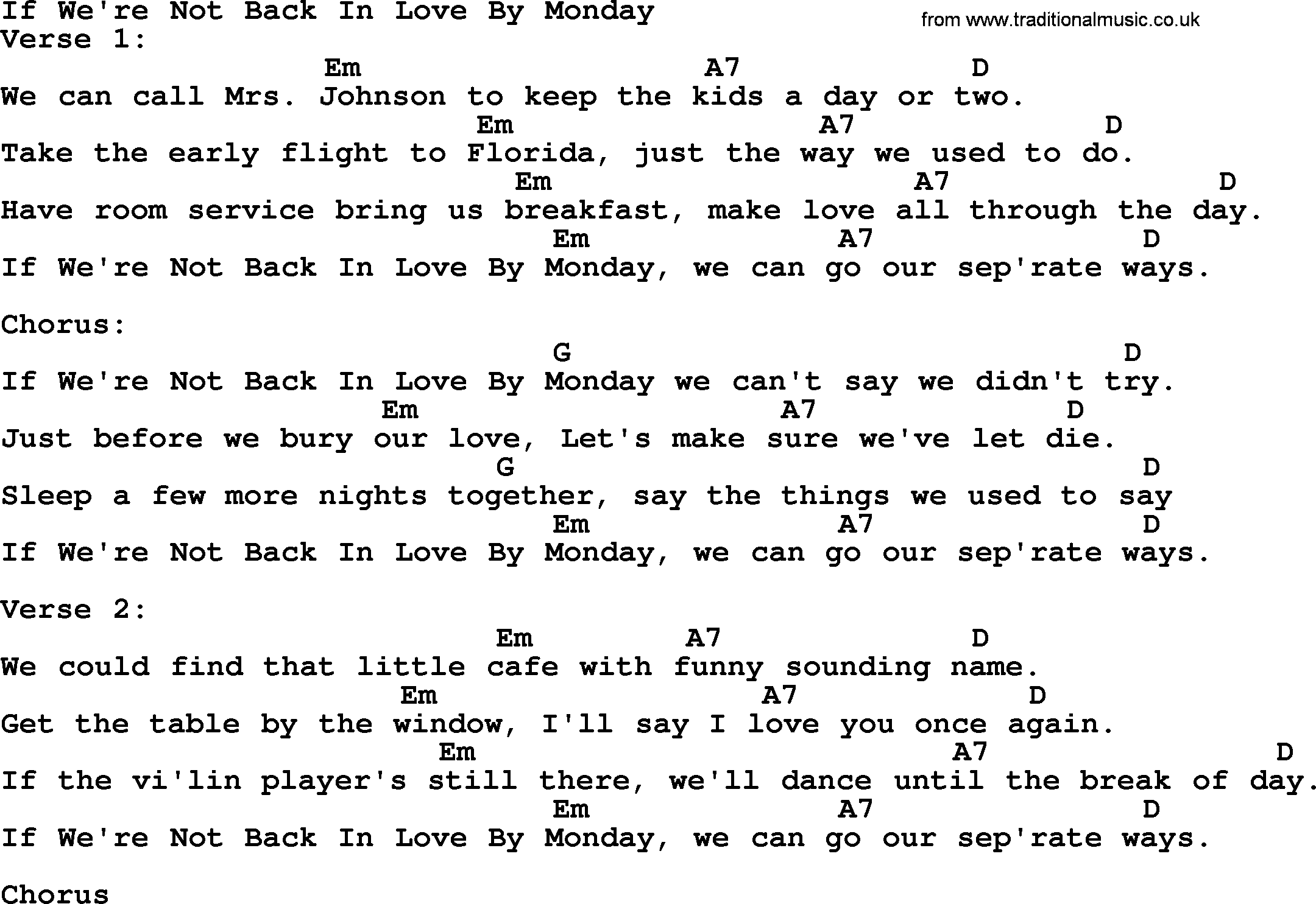 Merle Haggard song: If We're Not Back In Love By Monday, lyrics and chords