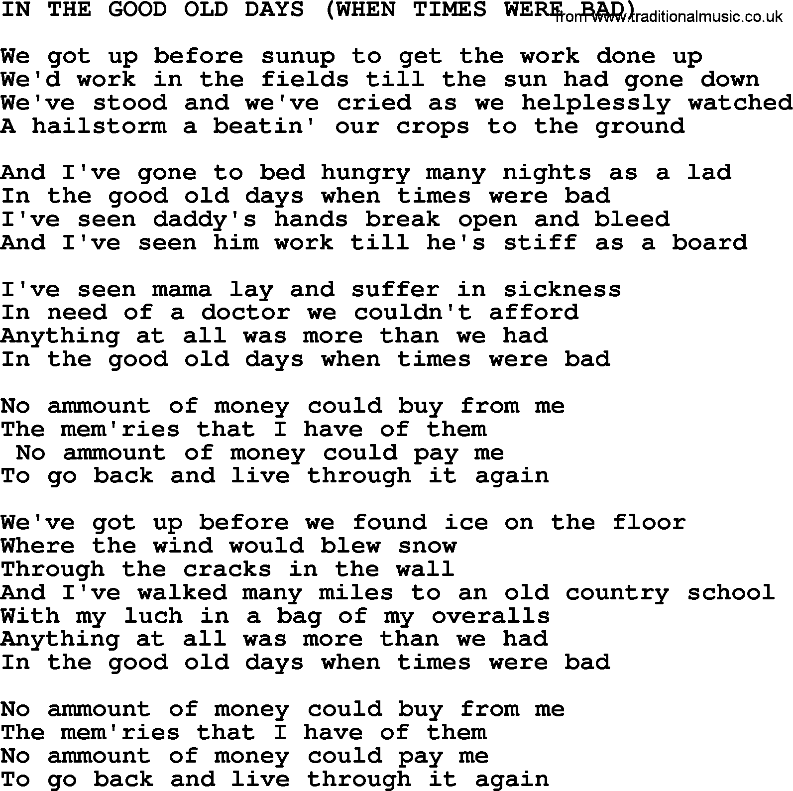 Merle Haggard song: In The Good Old Days When Times Were Bad, lyrics.